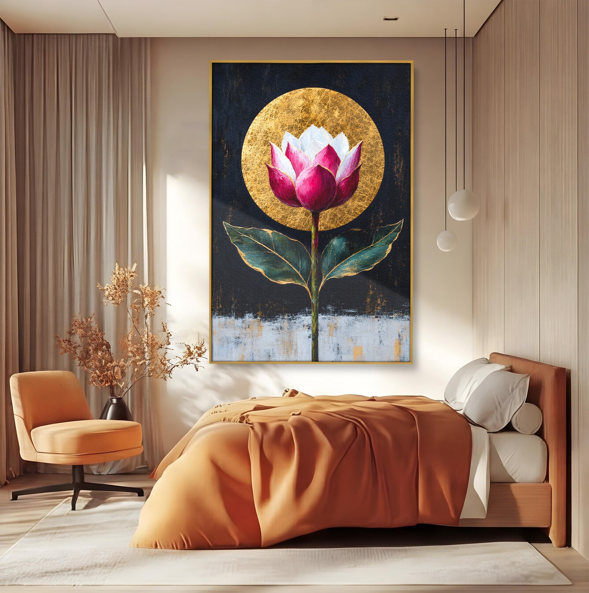 Tablou Canvas Premium LuxCanva® A1832, Eclipsa Florii, Floare, Lotus, Auriu, Living, Dormitor, Culori Vibrante