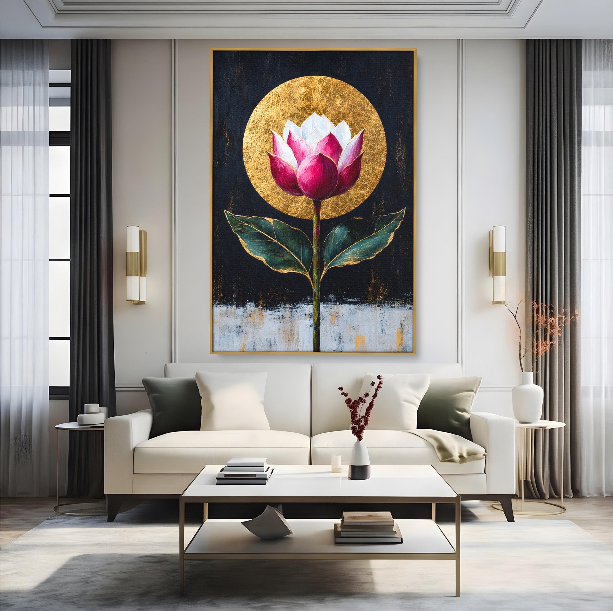 Tablou Canvas Premium LuxCanva® A1832, Eclipsa Florii, Floare, Lotus, Auriu, Living, Dormitor, Culori Vibrante