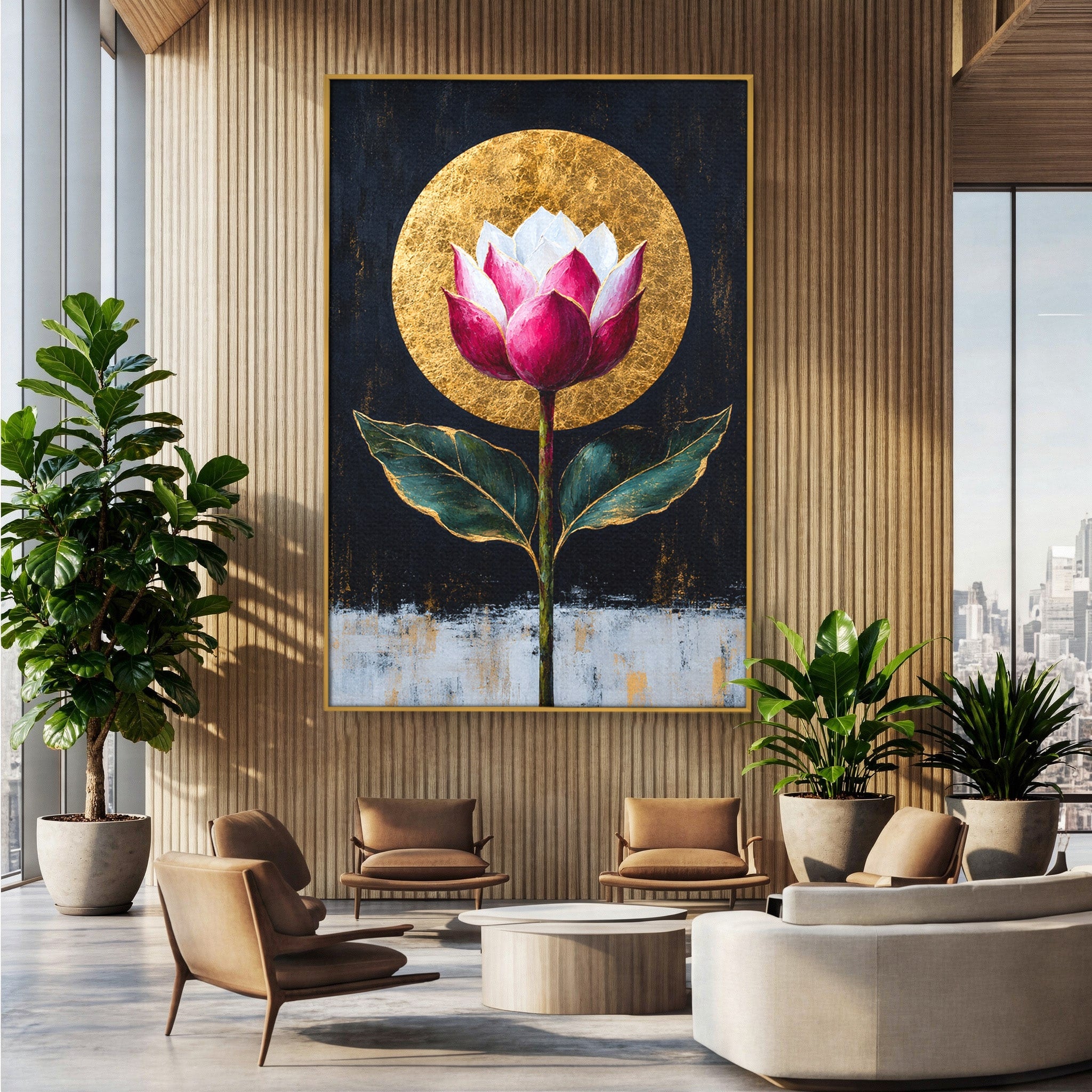 Tablou Canvas Premium LuxCanva® A1832, Eclipsa Florii, Floare, Lotus, Auriu, Living, Dormitor, Culori Vibrante