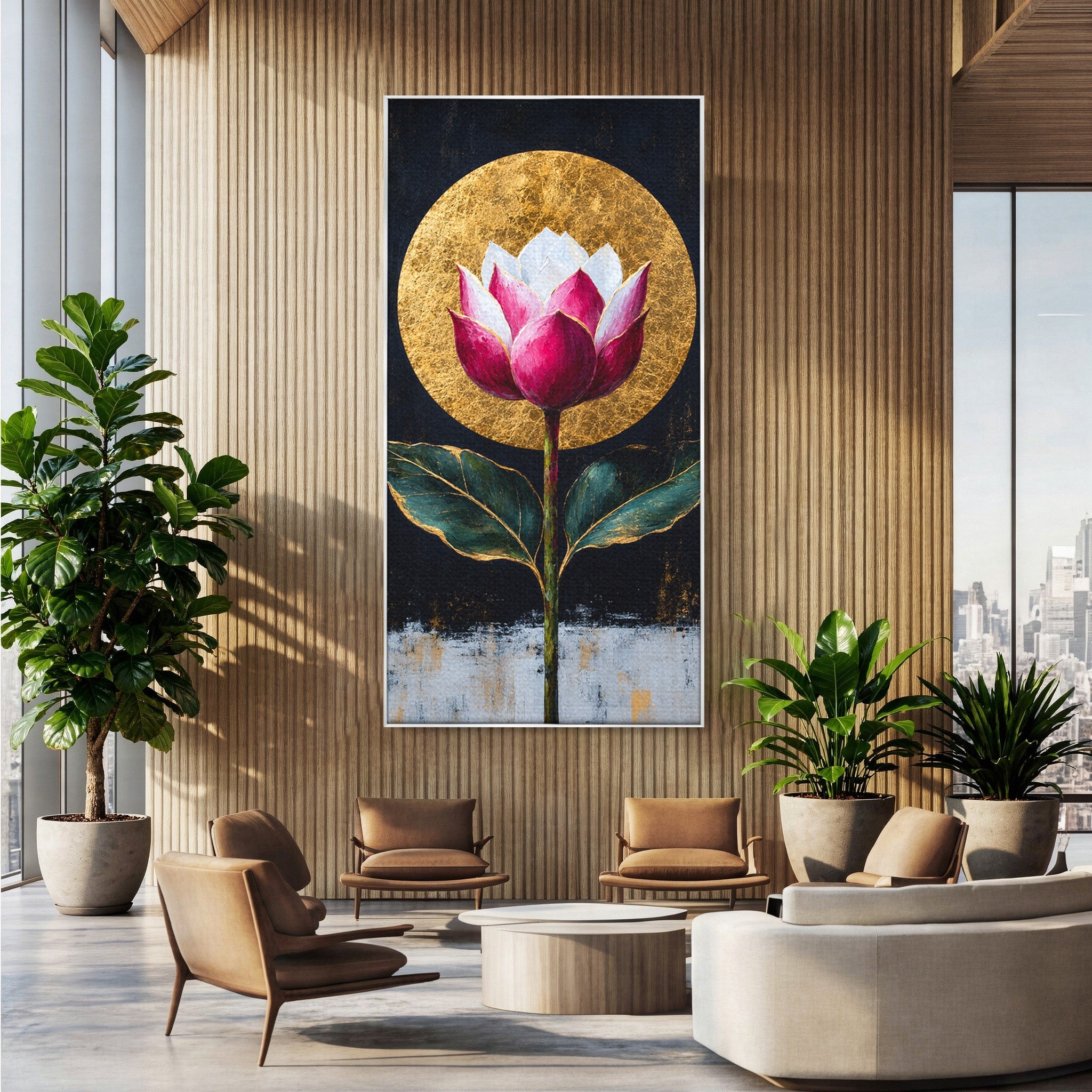 Tablou Canvas Premium LuxCanva® A1832, Eclipsa Florii, Floare, Lotus, Auriu, Living, Dormitor, Culori Vibrante