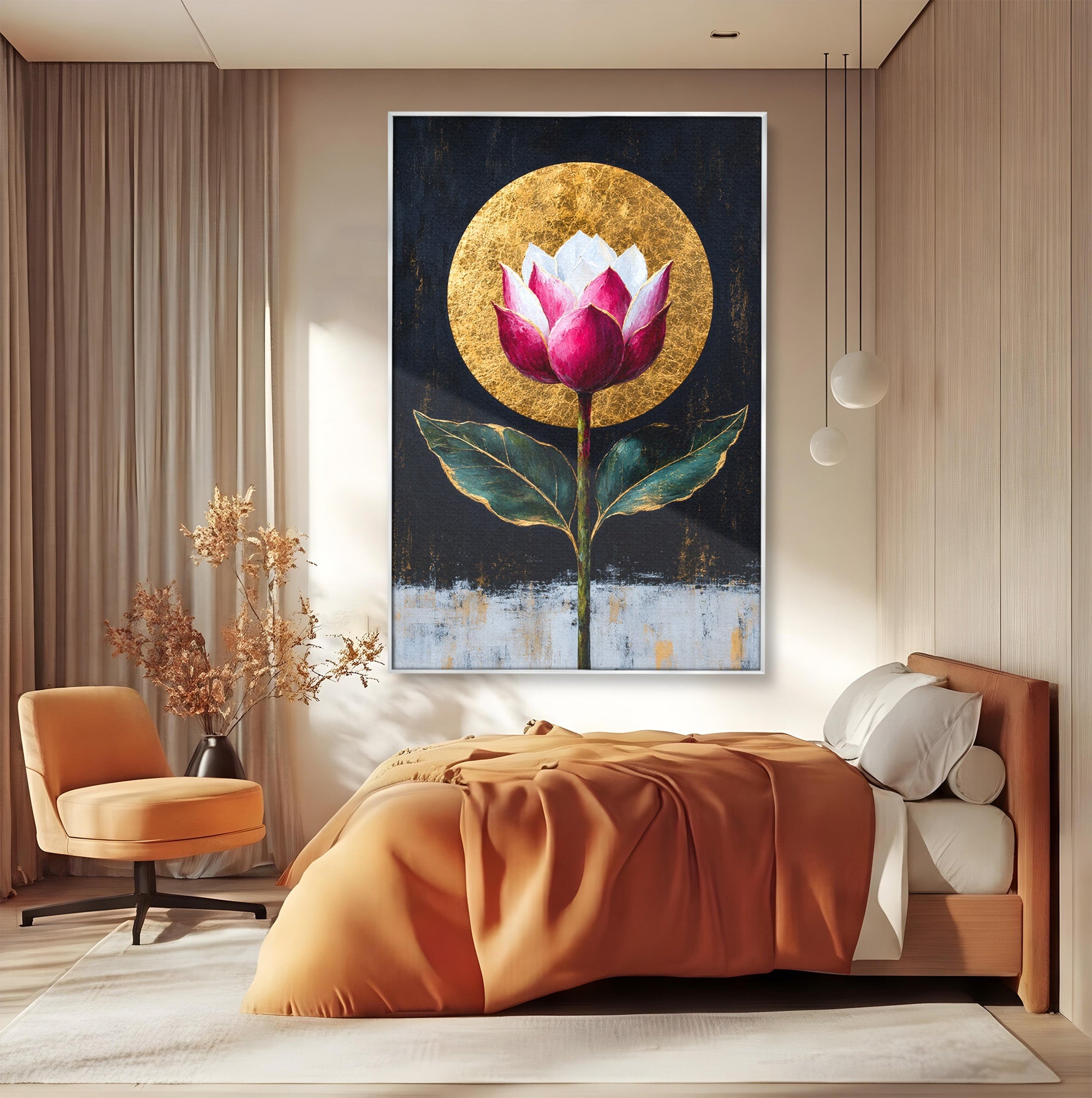 Tablou Canvas Premium LuxCanva® A1832, Eclipsa Florii, Floare, Lotus, Auriu, Living, Dormitor, Culori Vibrante