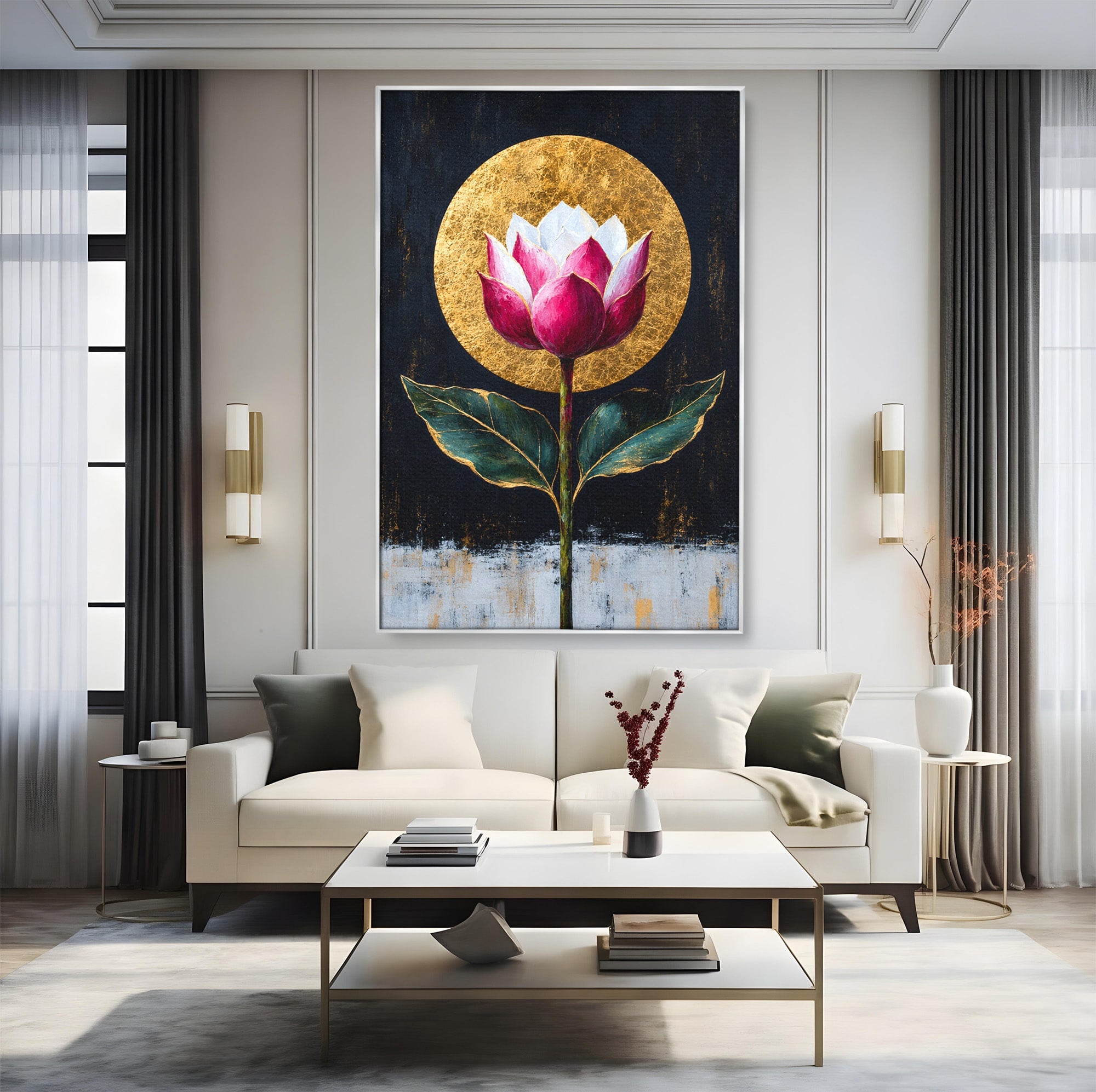 Tablou Canvas Premium LuxCanva® A1832, Eclipsa Florii, Floare, Lotus, Auriu, Living, Dormitor, Culori Vibrante