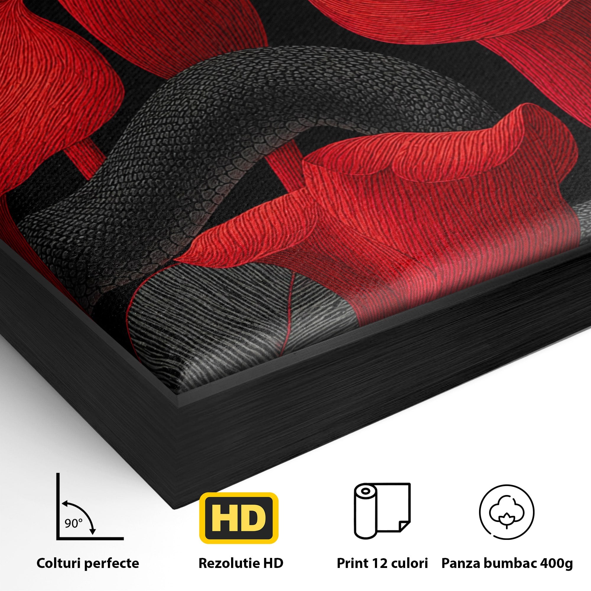 Tablou Canvas Premium LuxCanva® A1834, Sarpele Si Crinii Rosii, Sarpe, Crini, Flori, Living, Natura, Culori Vibrante