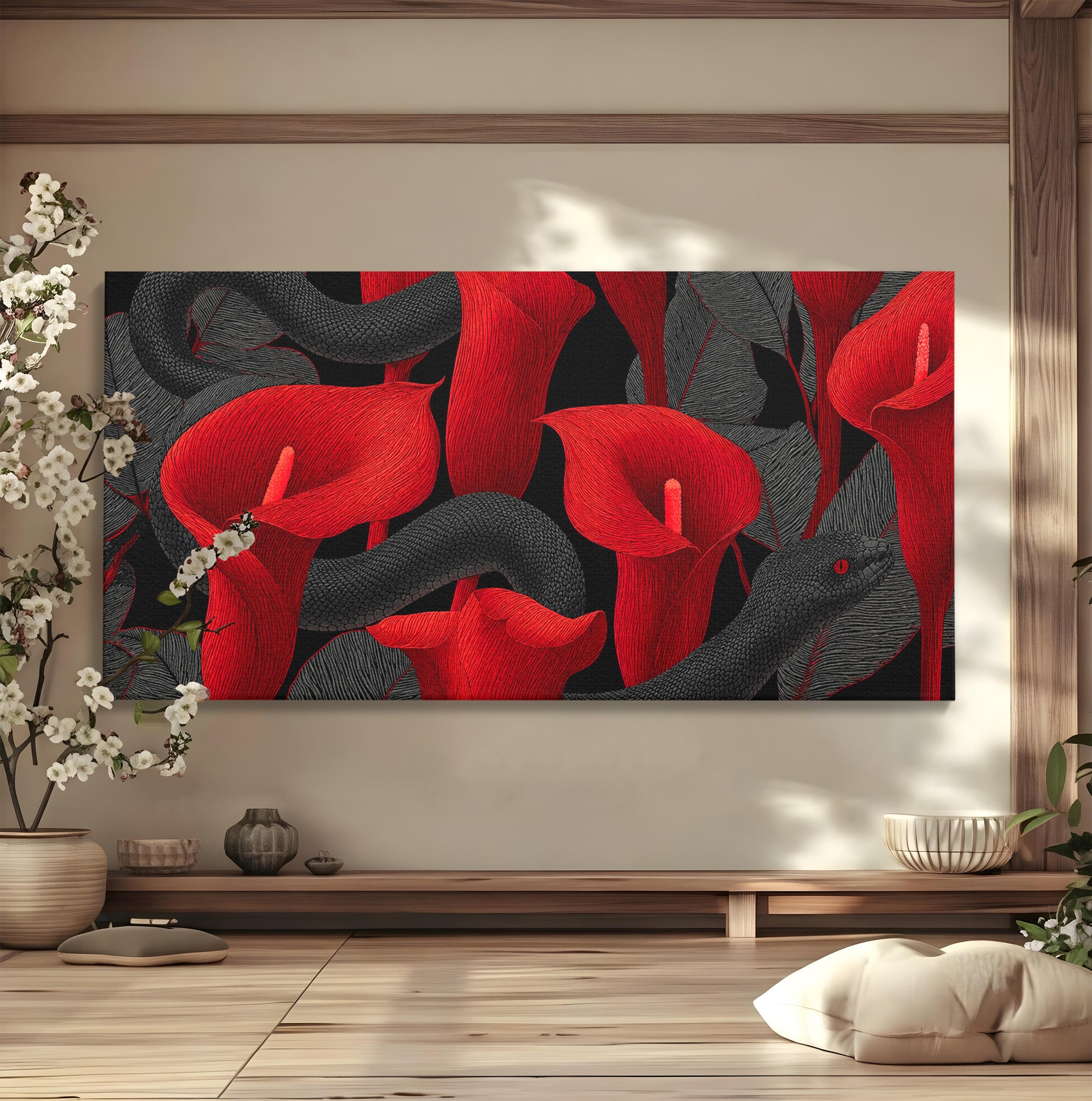 Tablou Canvas Premium LuxCanva® A1834, Sarpele Si Crinii Rosii, Sarpe, Crini, Flori, Living, Natura, Culori Vibrante