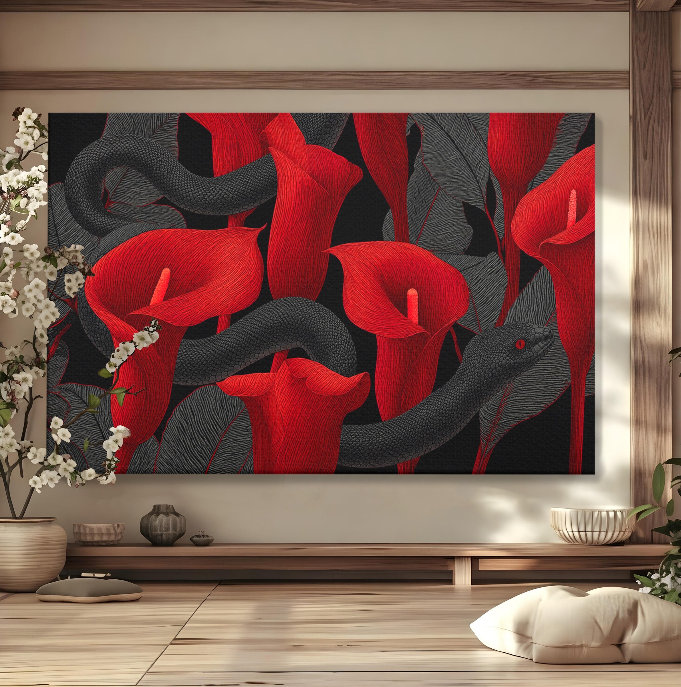 Tablou Canvas Premium LuxCanva® A1834, Sarpele Si Crinii Rosii, Sarpe, Crini, Flori, Living, Natura, Culori Vibrante