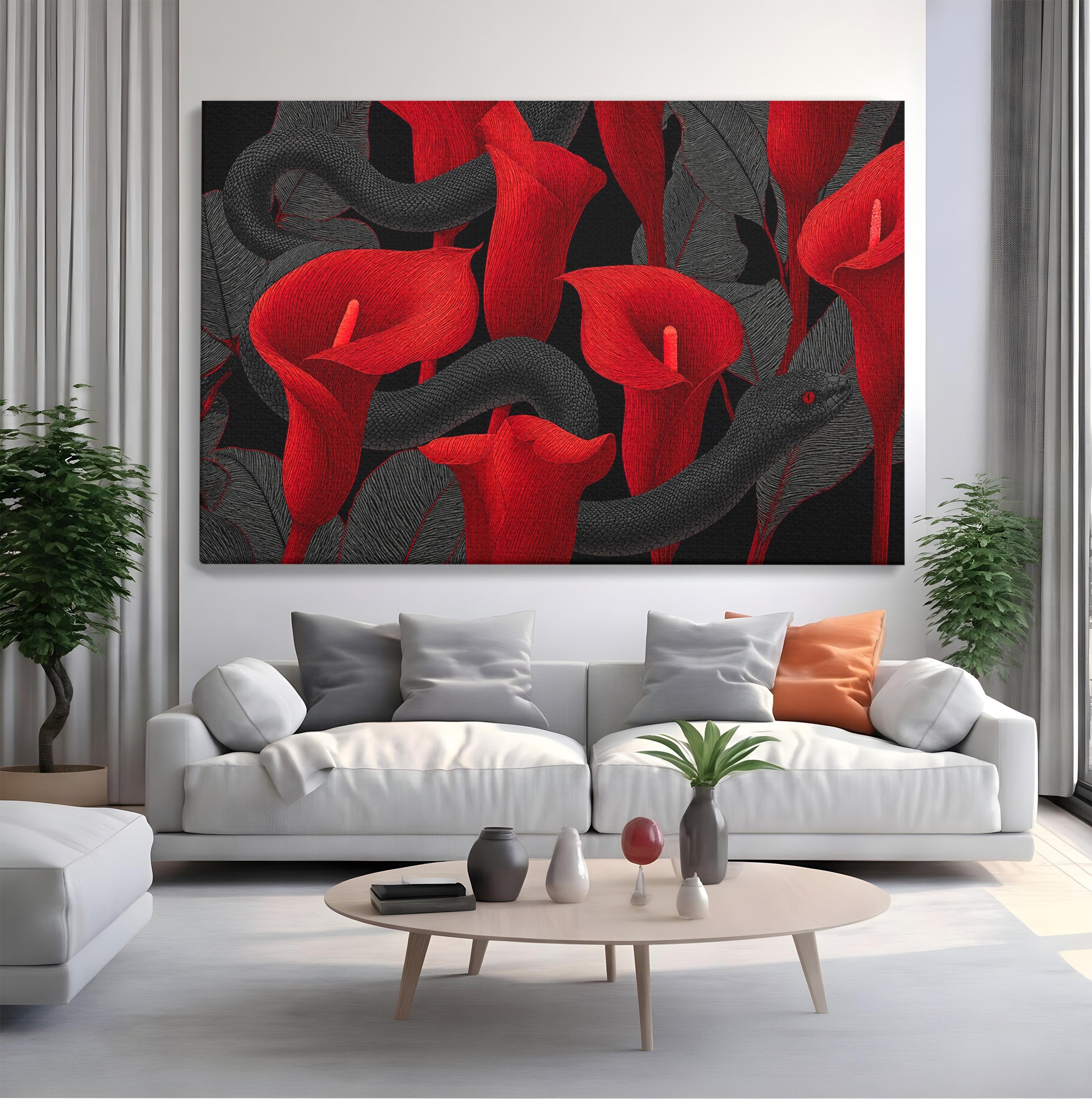 Tablou Canvas Premium LuxCanva® A1834, Sarpele Si Crinii Rosii, Sarpe, Crini, Flori, Living, Natura, Culori Vibrante