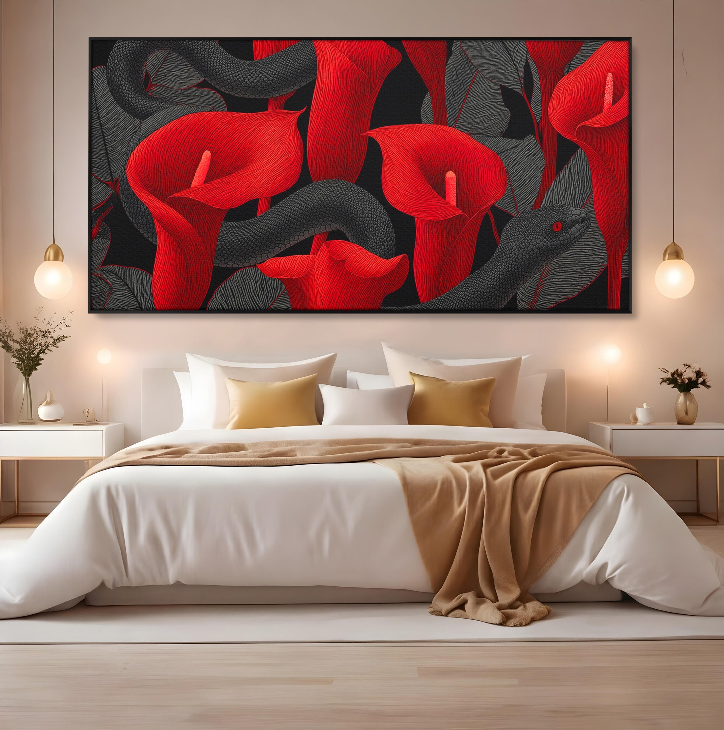 Tablou Canvas Premium LuxCanva® A1834, Sarpele Si Crinii Rosii, Sarpe, Crini, Flori, Living, Natura, Culori Vibrante