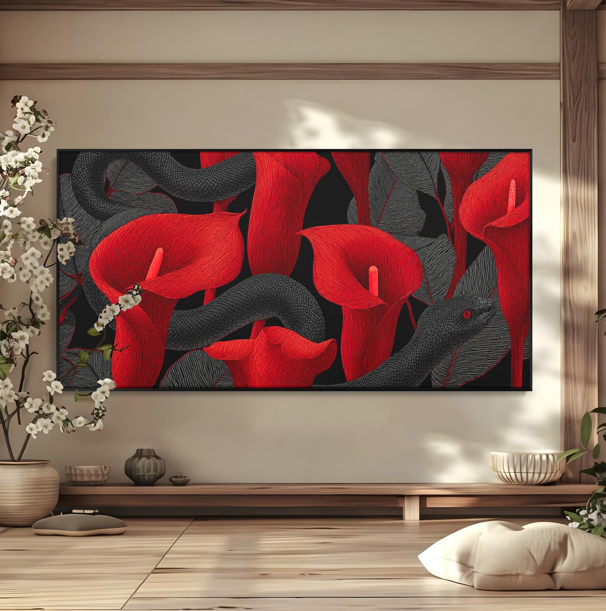 Tablou Canvas Premium LuxCanva® A1834, Sarpele Si Crinii Rosii, Sarpe, Crini, Flori, Living, Natura, Culori Vibrante