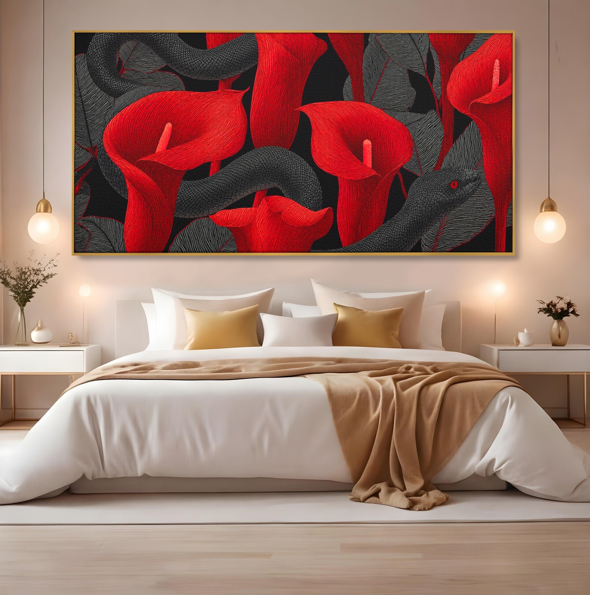 Tablou Canvas Premium LuxCanva® A1834, Sarpele Si Crinii Rosii, Sarpe, Crini, Flori, Living, Natura, Culori Vibrante
