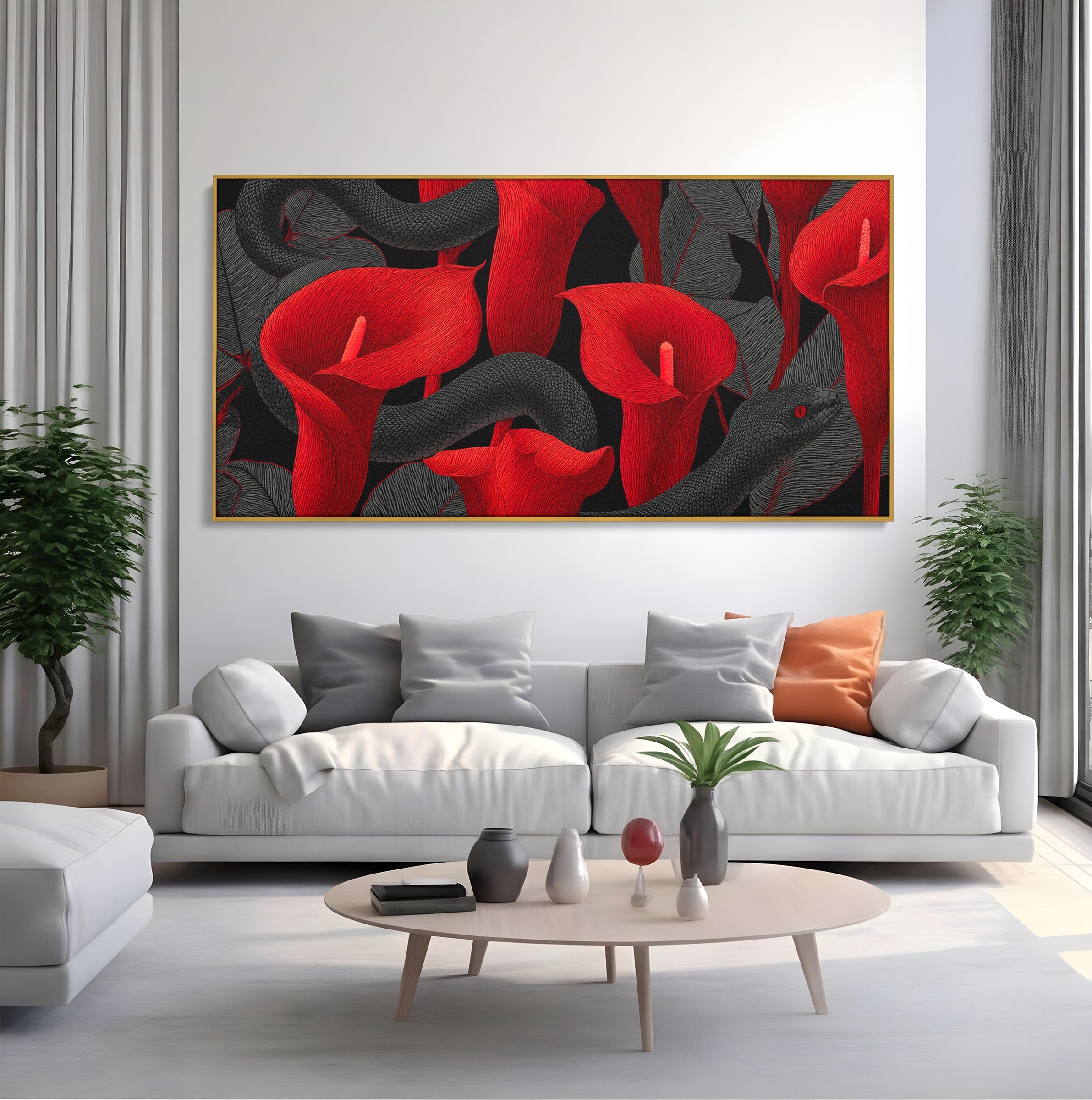 Tablou Canvas Premium LuxCanva® A1834, Sarpele Si Crinii Rosii, Sarpe, Crini, Flori, Living, Natura, Culori Vibrante