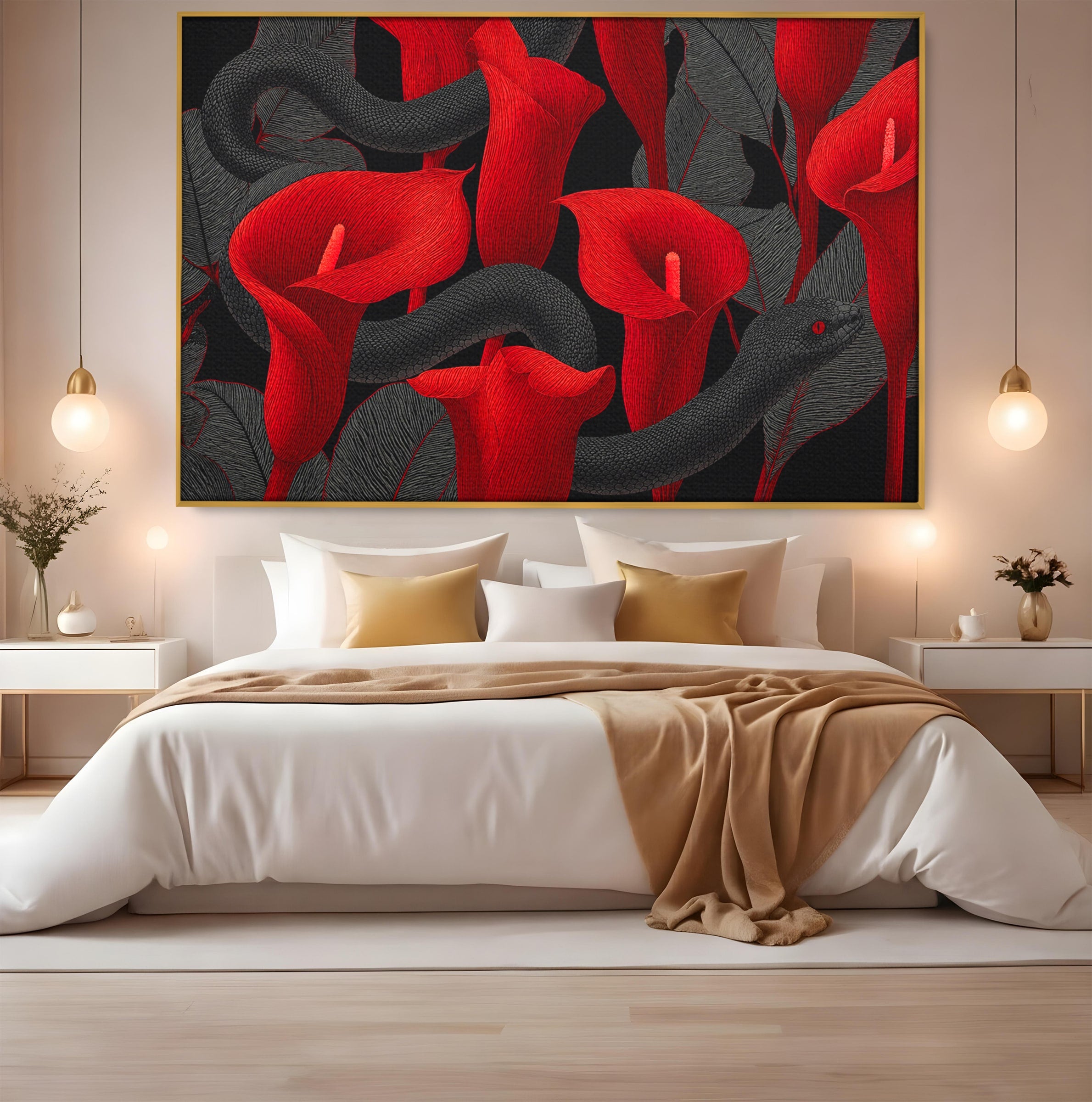 Tablou Canvas Premium LuxCanva® A1834, Sarpele Si Crinii Rosii, Sarpe, Crini, Flori, Living, Natura, Culori Vibrante