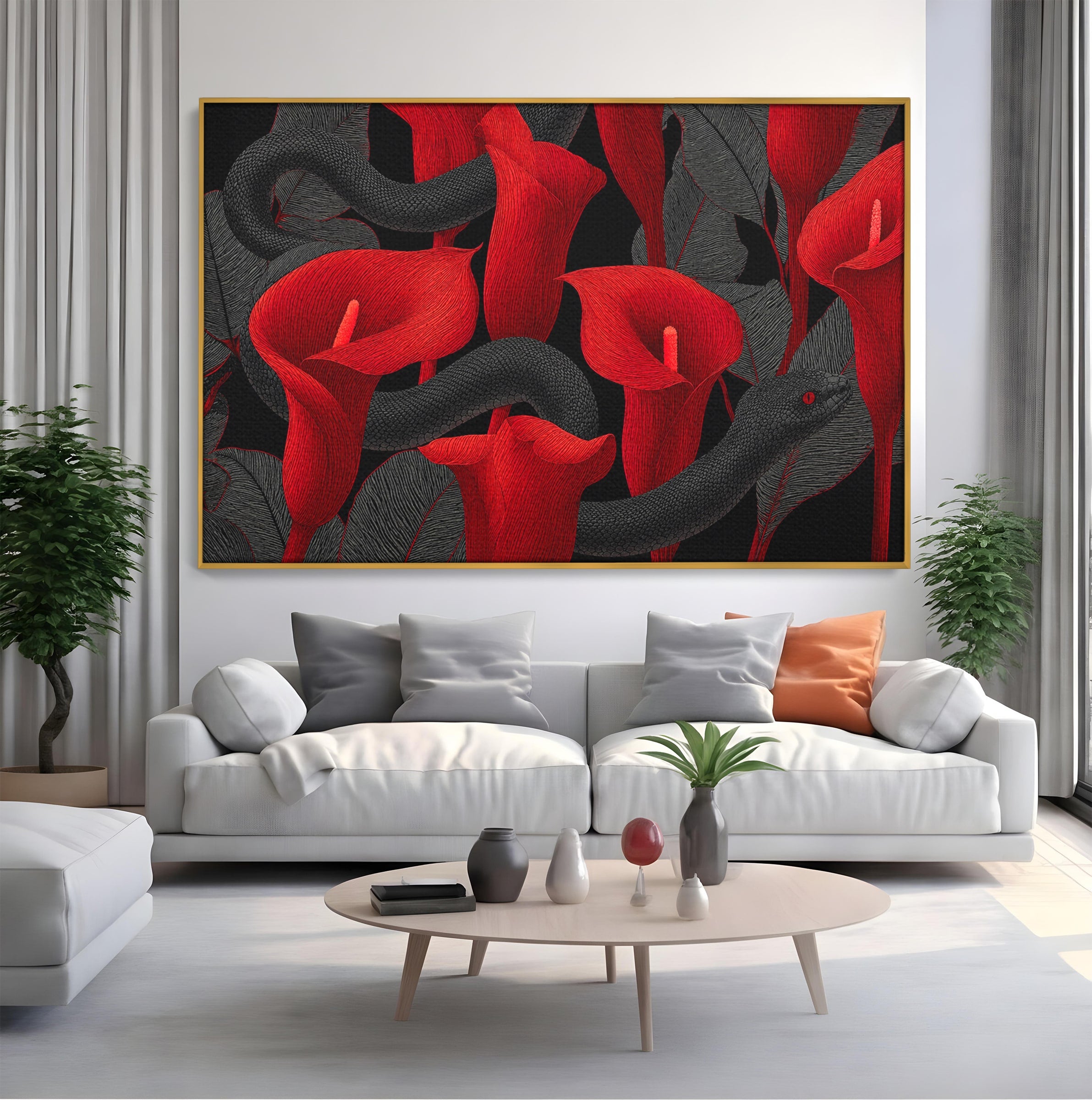 Tablou Canvas Premium LuxCanva® A1834, Sarpele Si Crinii Rosii, Sarpe, Crini, Flori, Living, Natura, Culori Vibrante