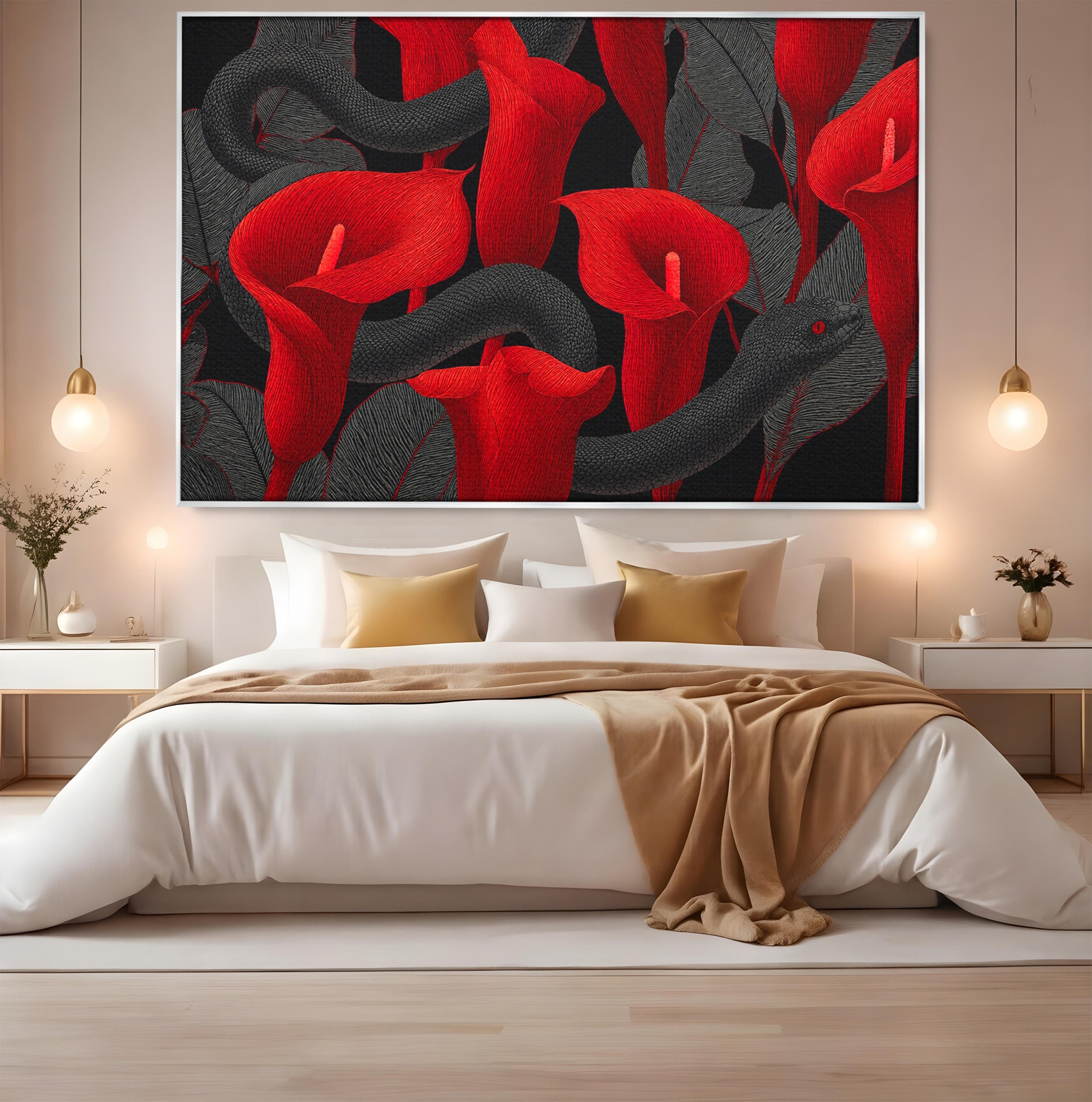 Tablou Canvas Premium LuxCanva® A1834, Sarpele Si Crinii Rosii, Sarpe, Crini, Flori, Living, Natura, Culori Vibrante