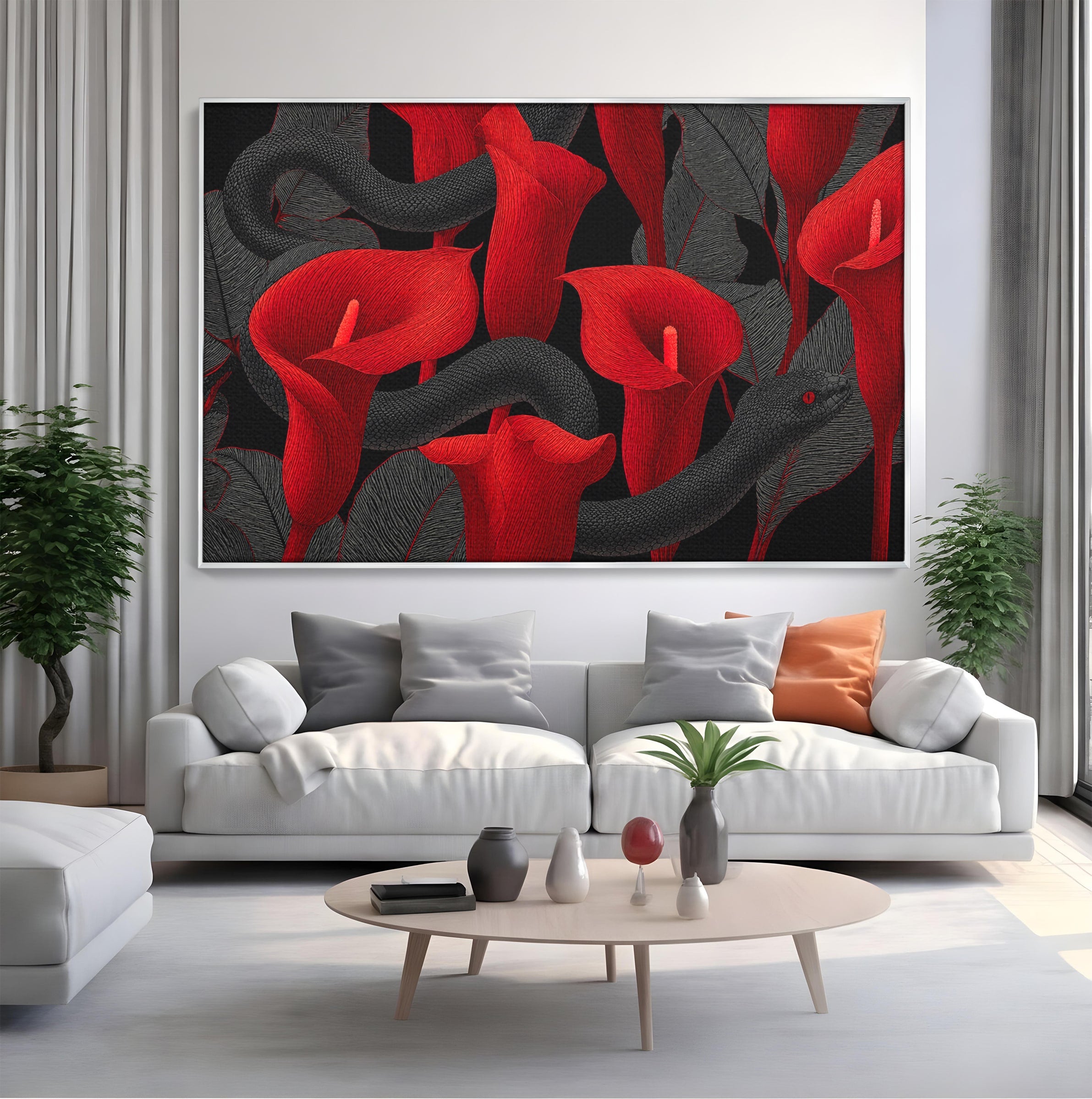 Tablou Canvas Premium LuxCanva® A1834, Sarpele Si Crinii Rosii, Sarpe, Crini, Flori, Living, Natura, Culori Vibrante