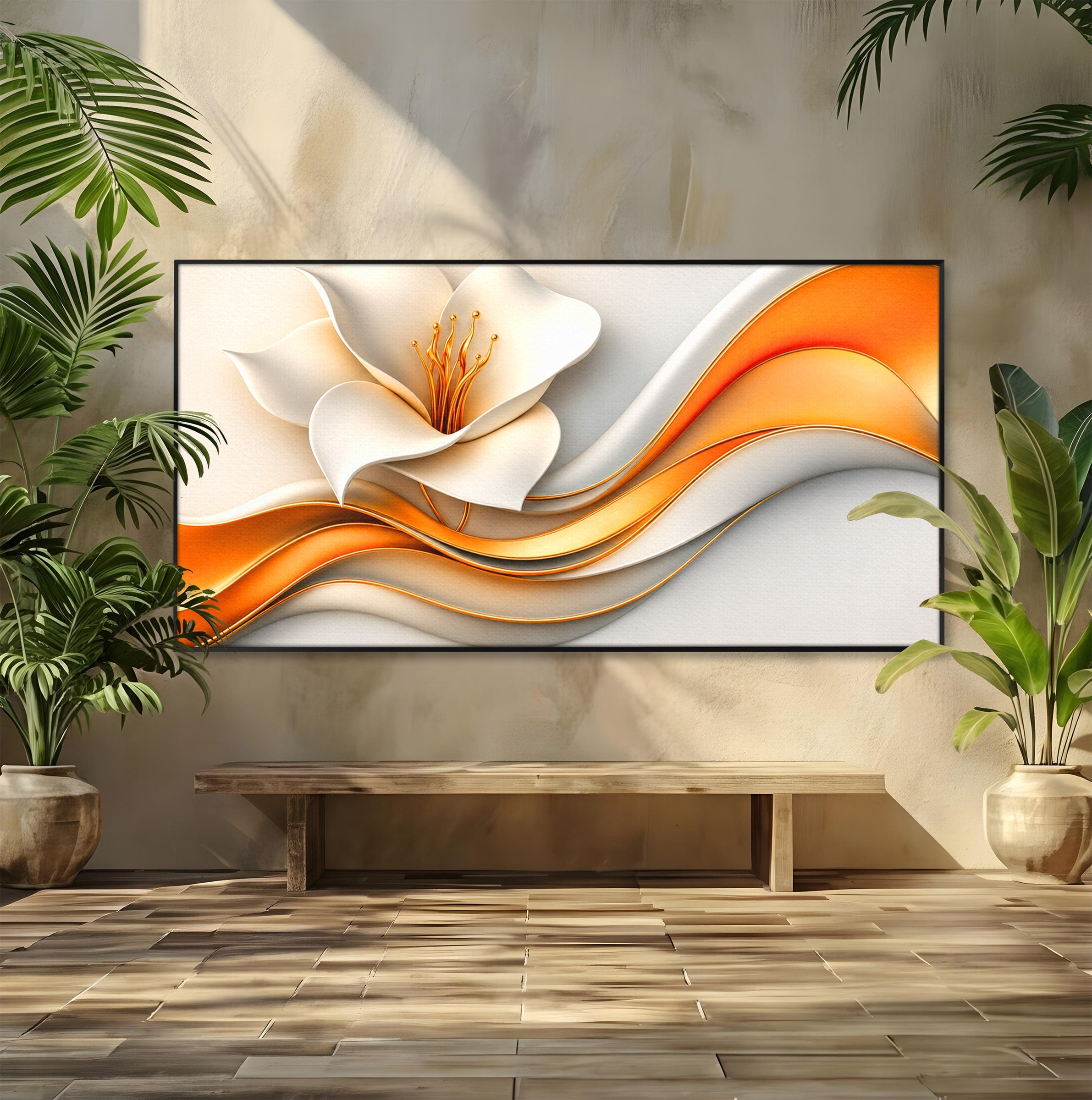Tablou Canvas Premium LuxCanva® A1835, Ritmuri Aurii, Floare, Abstract, Eleganta, Living, Dormitor, Culori Vibrante