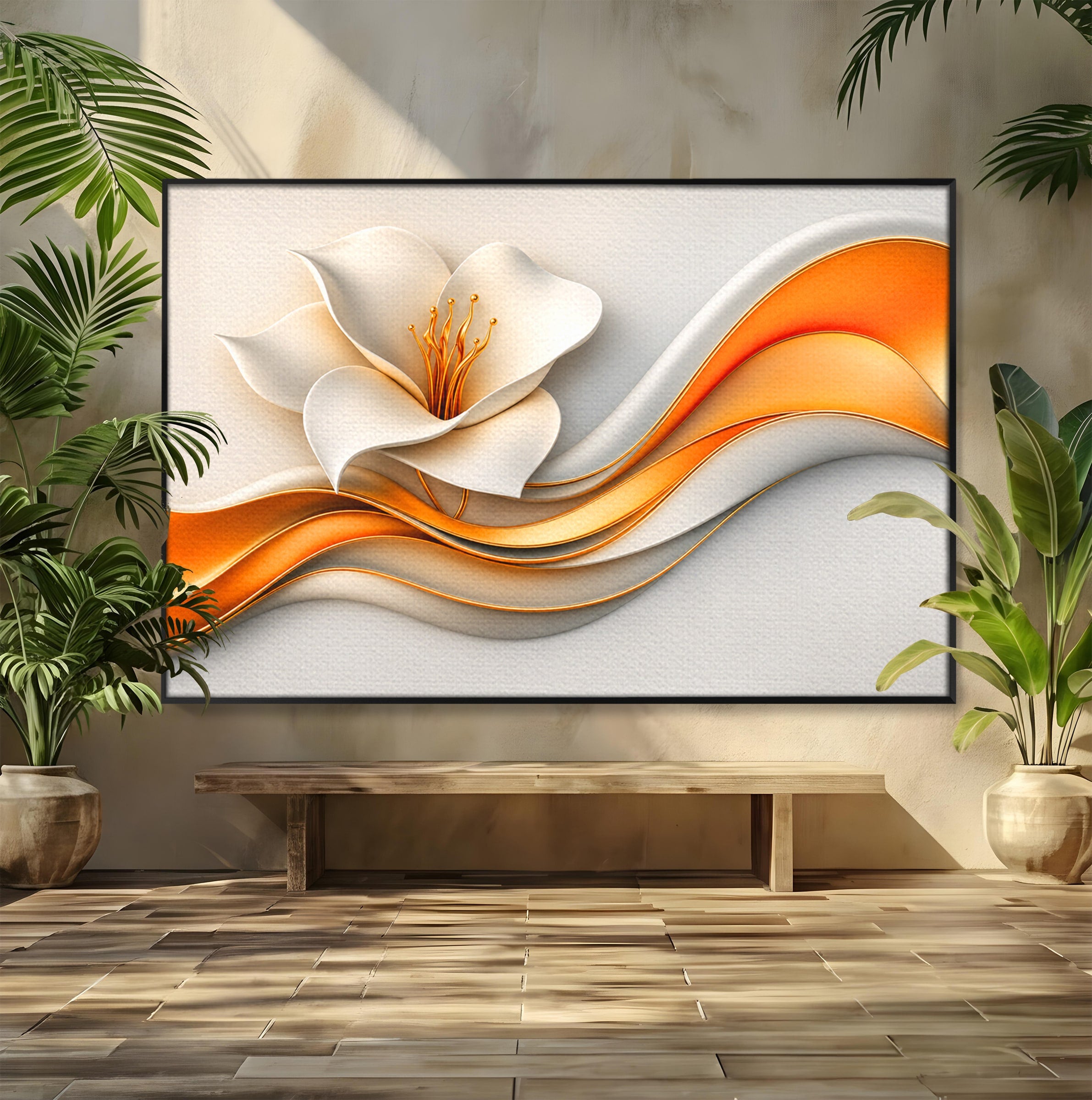 Tablou Canvas Premium LuxCanva® A1835, Ritmuri Aurii, Floare, Abstract, Eleganta, Living, Dormitor, Culori Vibrante