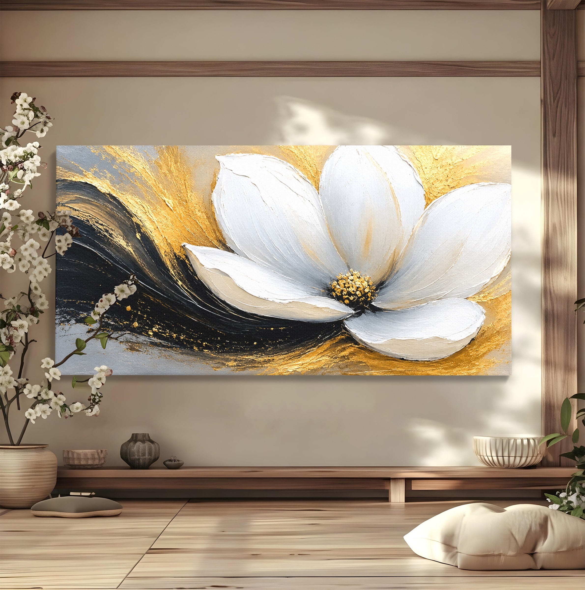 Tablou Canvas Premium LuxCanva® A1838, Adiere Aurie, Floare, Abstract, Lux, Dormitor, Eleganta, Culori Vibrante