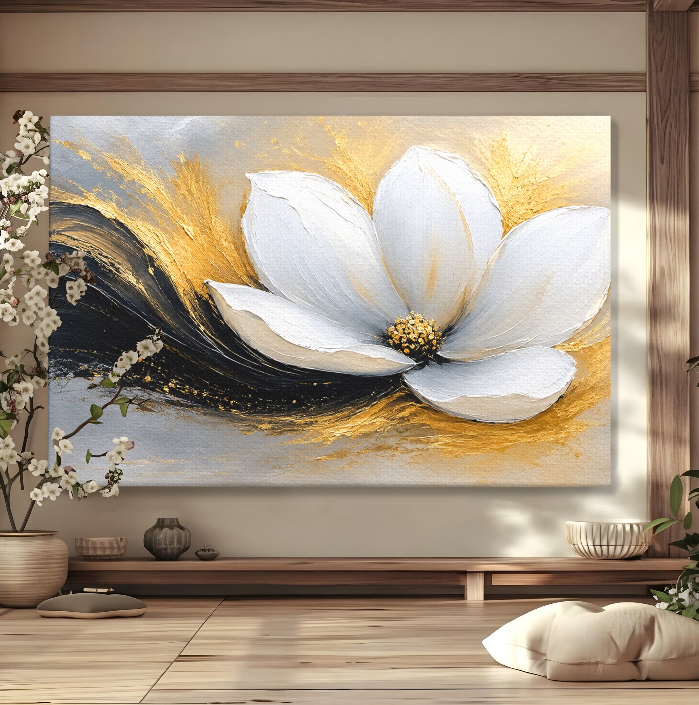Tablou Canvas Premium LuxCanva® A1838, Adiere Aurie, Floare, Abstract, Lux, Dormitor, Eleganta, Culori Vibrante