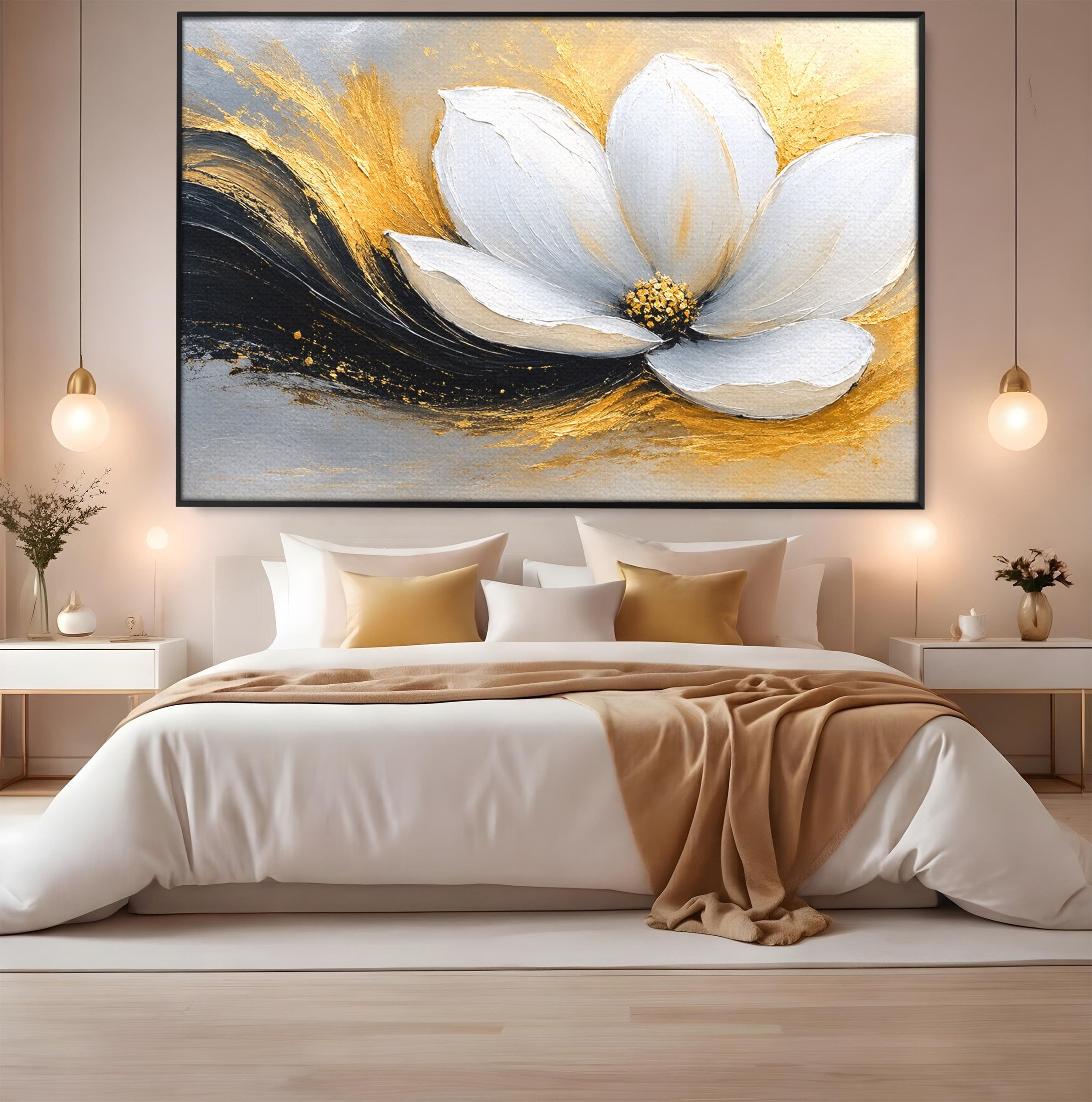 Tablou Canvas Premium LuxCanva® A1838, Adiere Aurie, Floare, Abstract, Lux, Dormitor, Eleganta, Culori Vibrante