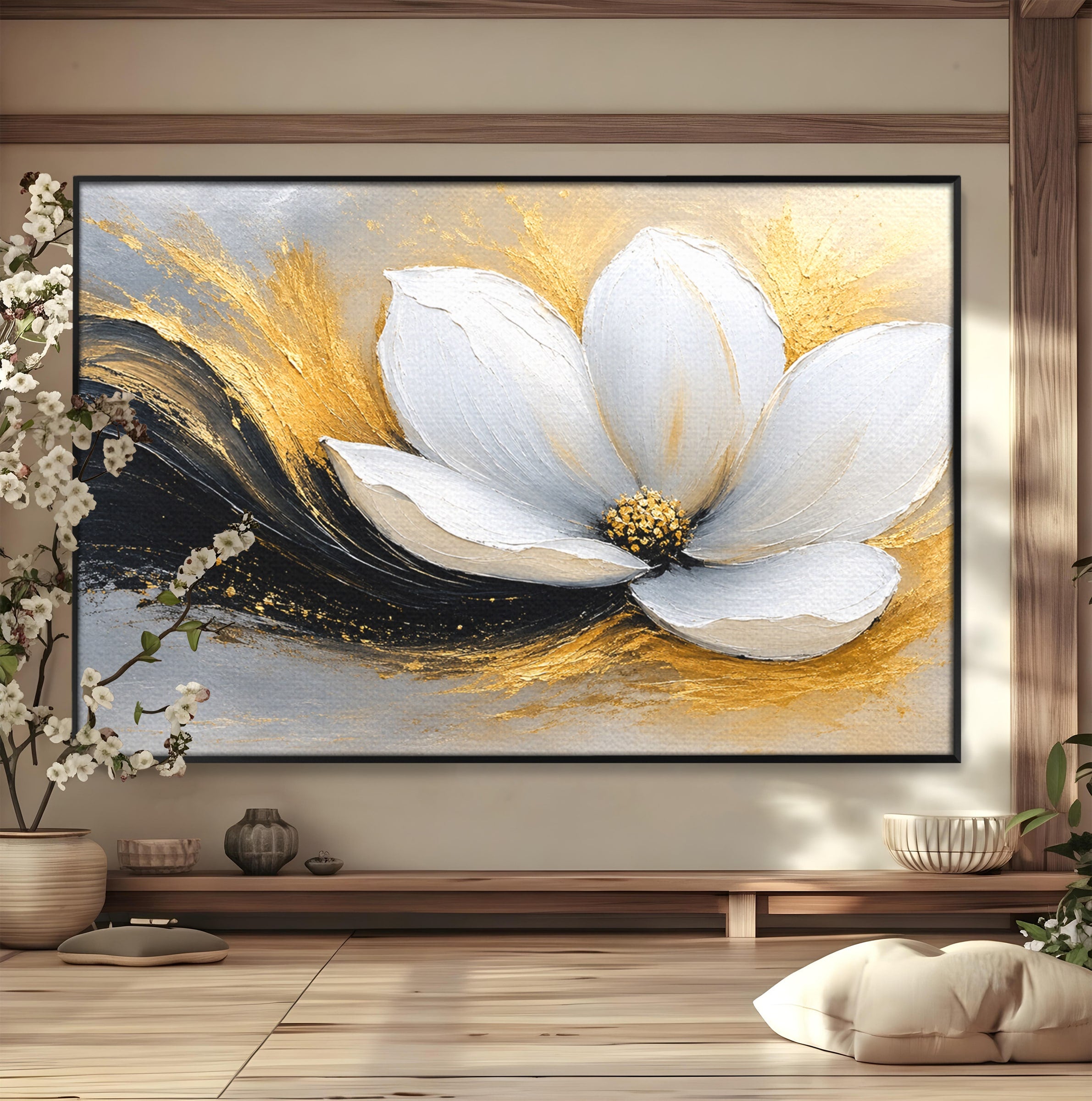 Tablou Canvas Premium LuxCanva® A1838, Adiere Aurie, Floare, Abstract, Lux, Dormitor, Eleganta, Culori Vibrante