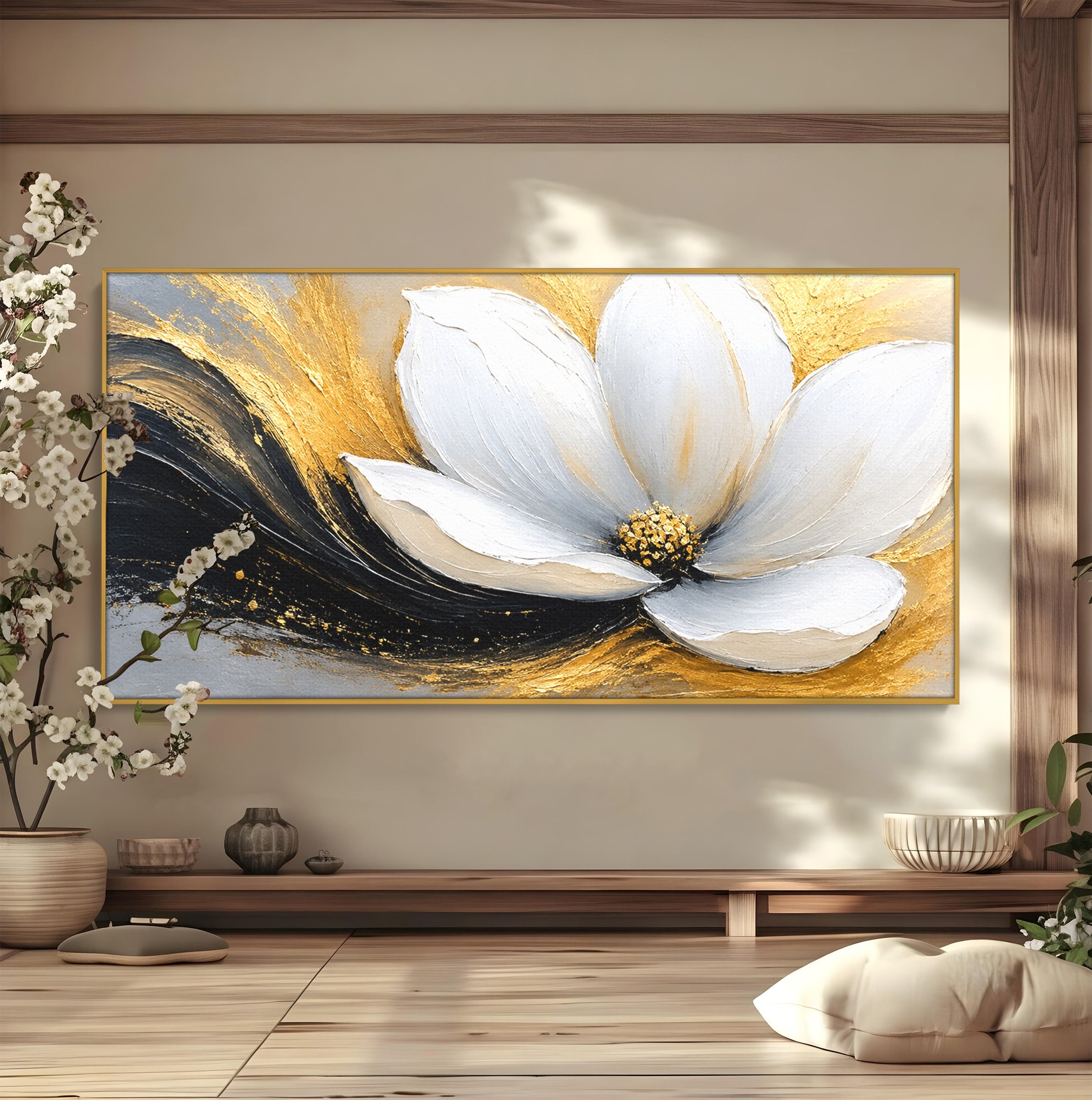 Tablou Canvas Premium LuxCanva® A1838, Adiere Aurie, Floare, Abstract, Lux, Dormitor, Eleganta, Culori Vibrante