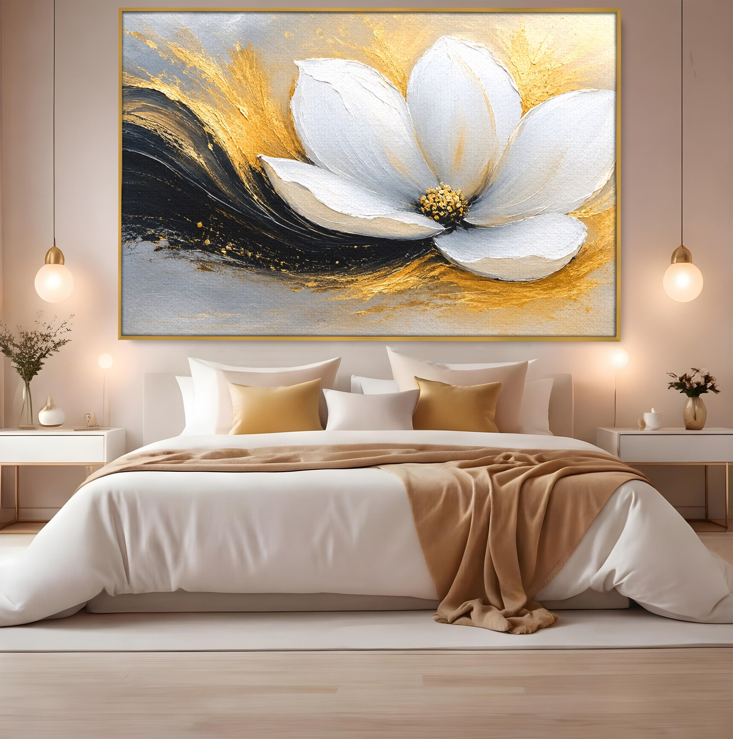 Tablou Canvas Premium LuxCanva® A1838, Adiere Aurie, Floare, Abstract, Lux, Dormitor, Eleganta, Culori Vibrante