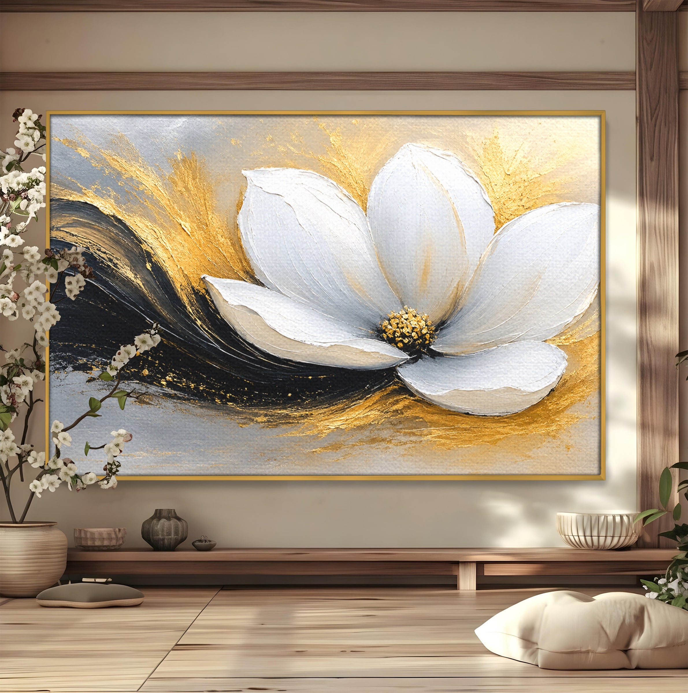 Tablou Canvas Premium LuxCanva® A1838, Adiere Aurie, Floare, Abstract, Lux, Dormitor, Eleganta, Culori Vibrante