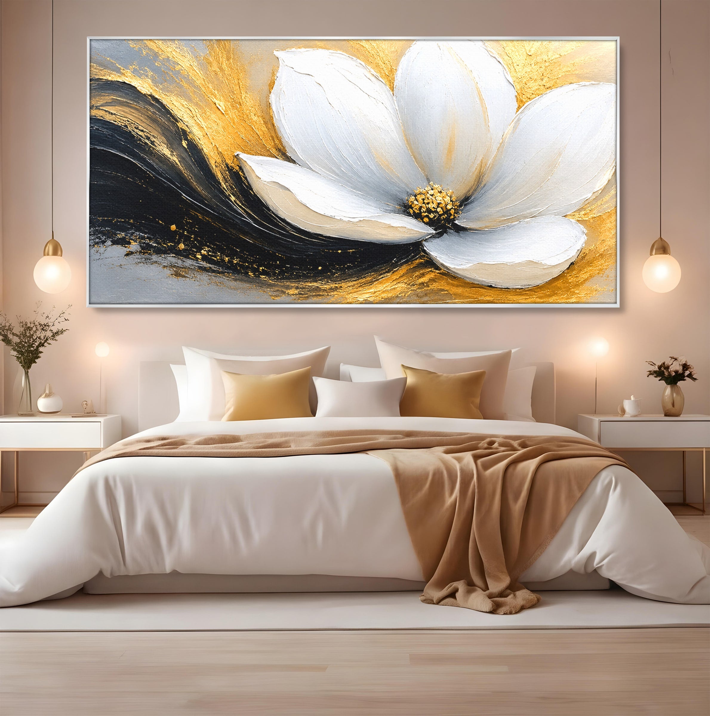Tablou Canvas Premium LuxCanva® A1838, Adiere Aurie, Floare, Abstract, Lux, Dormitor, Eleganta, Culori Vibrante