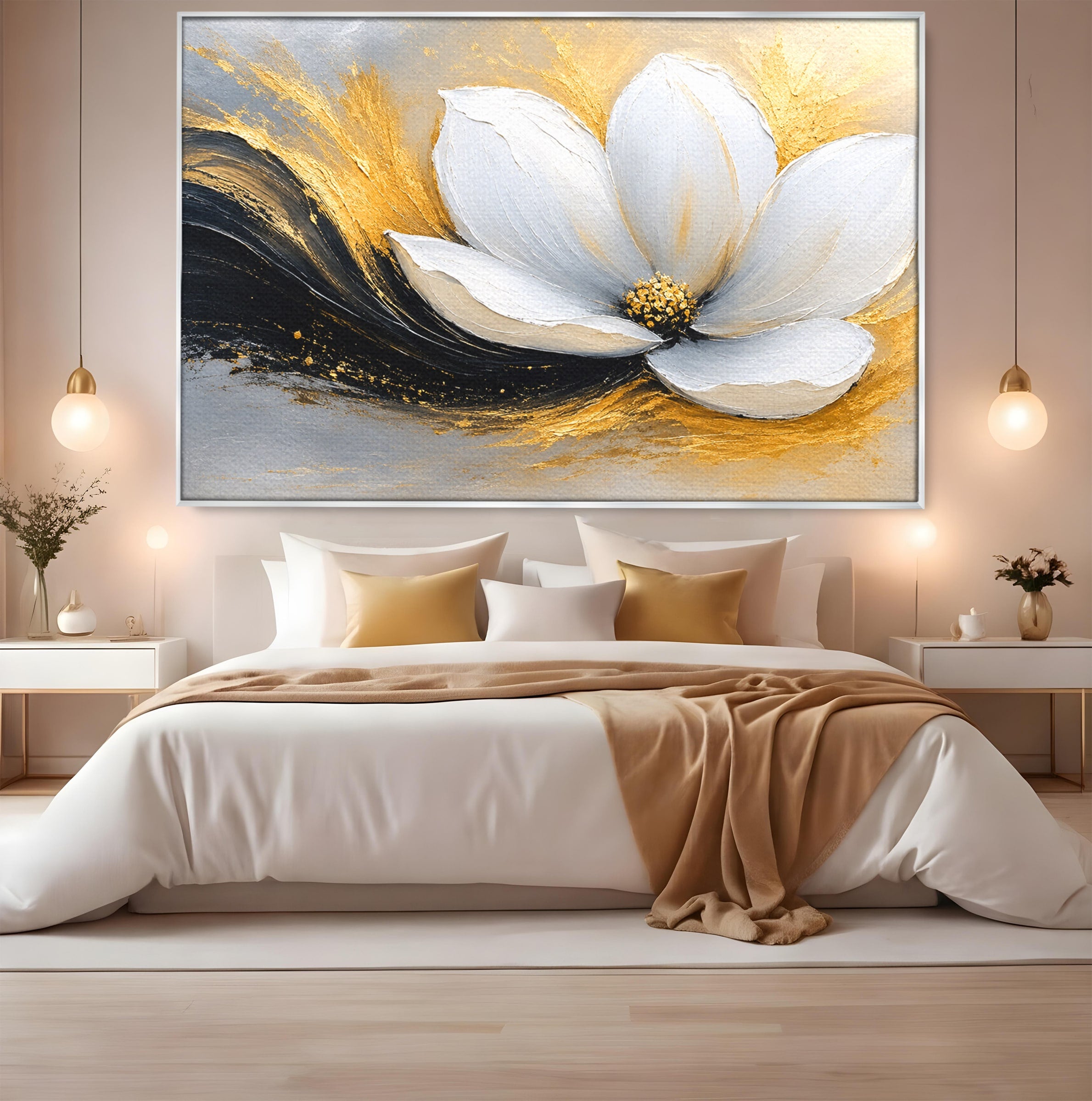 Tablou Canvas Premium LuxCanva® A1838, Adiere Aurie, Floare, Abstract, Lux, Dormitor, Eleganta, Culori Vibrante