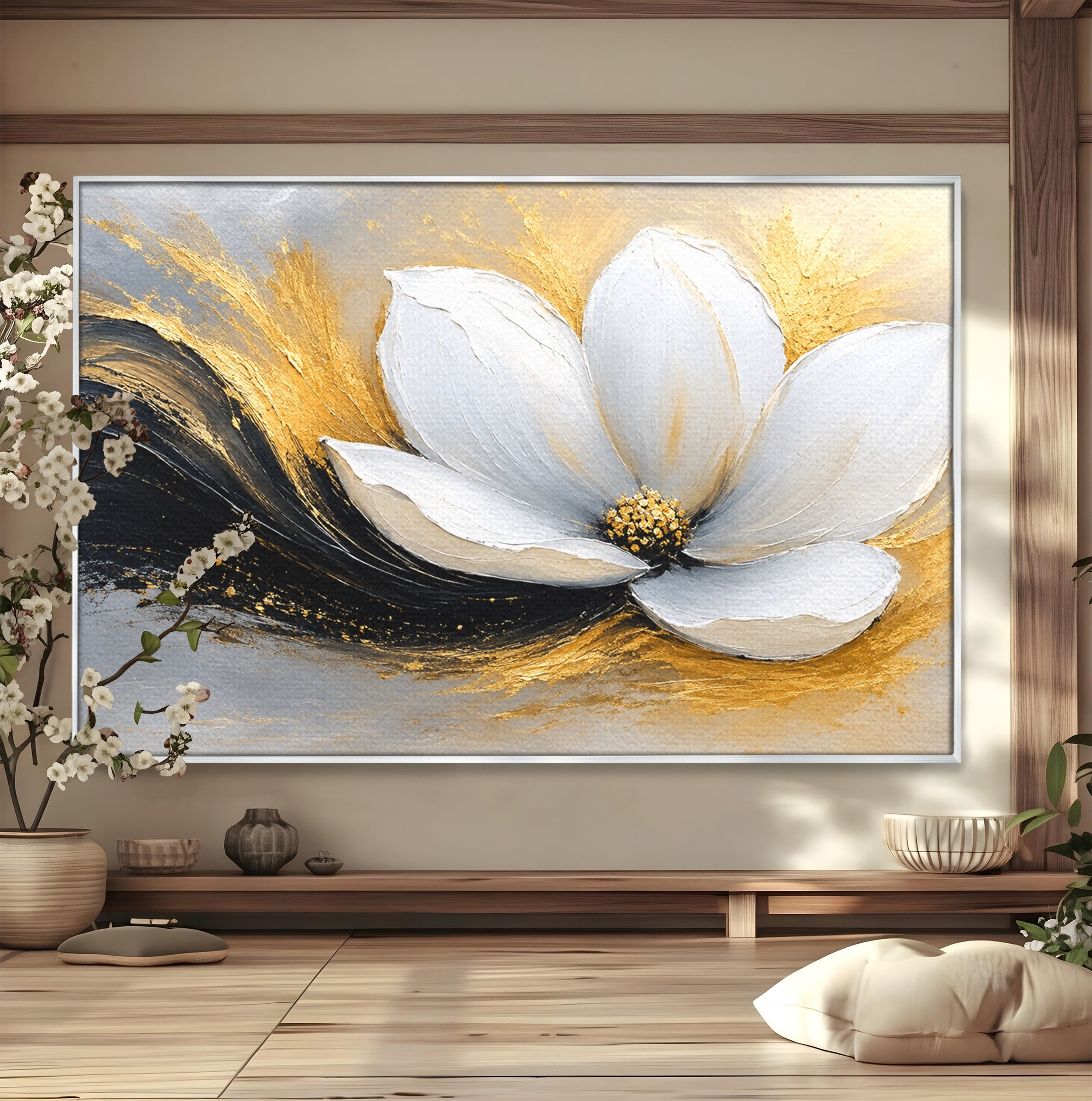 Tablou Canvas Premium LuxCanva® A1838, Adiere Aurie, Floare, Abstract, Lux, Dormitor, Eleganta, Culori Vibrante