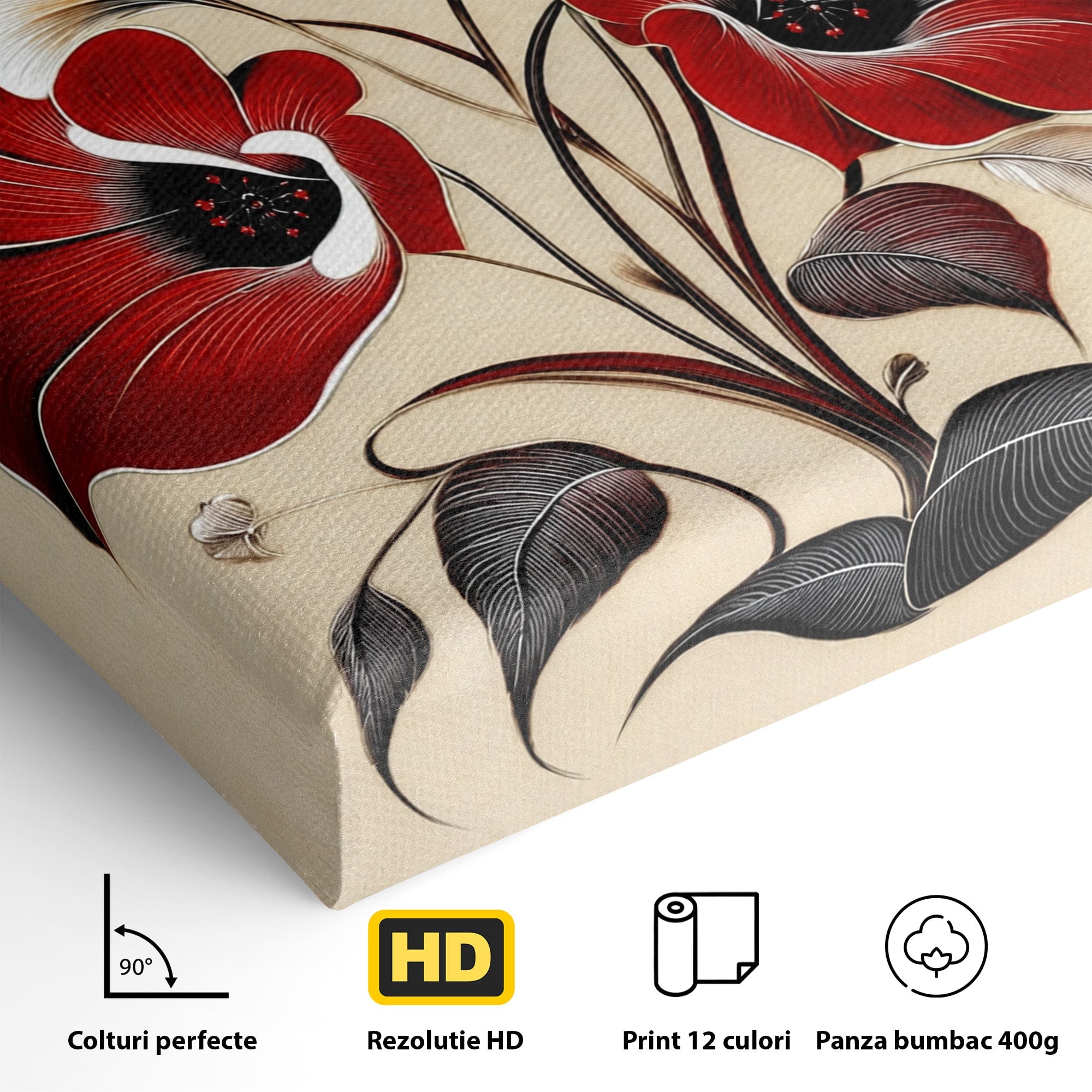 Tablou Canvas Premium LuxCanva® A1844, Flori Rosii Pe Fundal Bej, Flori, Natura, Arta Abstracta, Decor Elegant, Living, Dormitor, Culori Vibrante