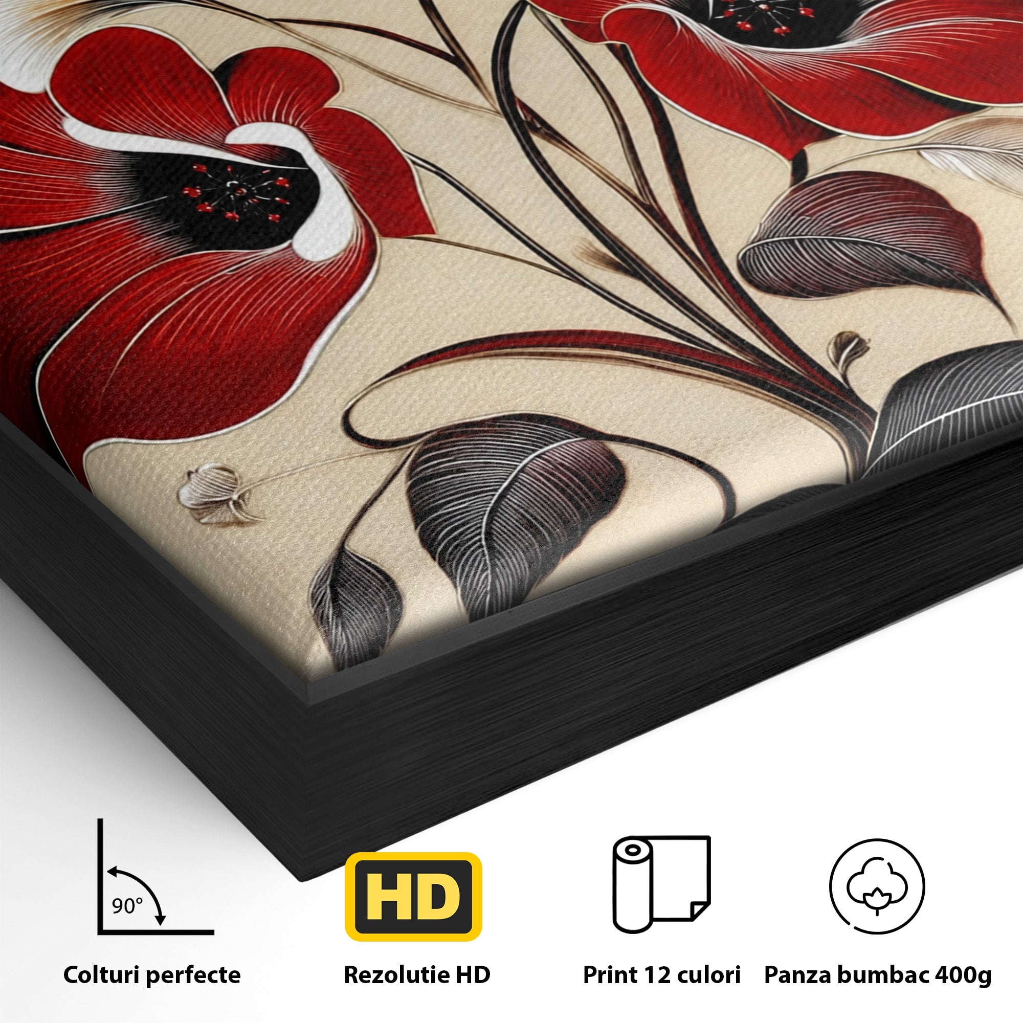 Tablou Canvas Premium LuxCanva® A1844, Flori Rosii Pe Fundal Bej, Flori, Natura, Arta Abstracta, Decor Elegant, Living, Dormitor, Culori Vibrante