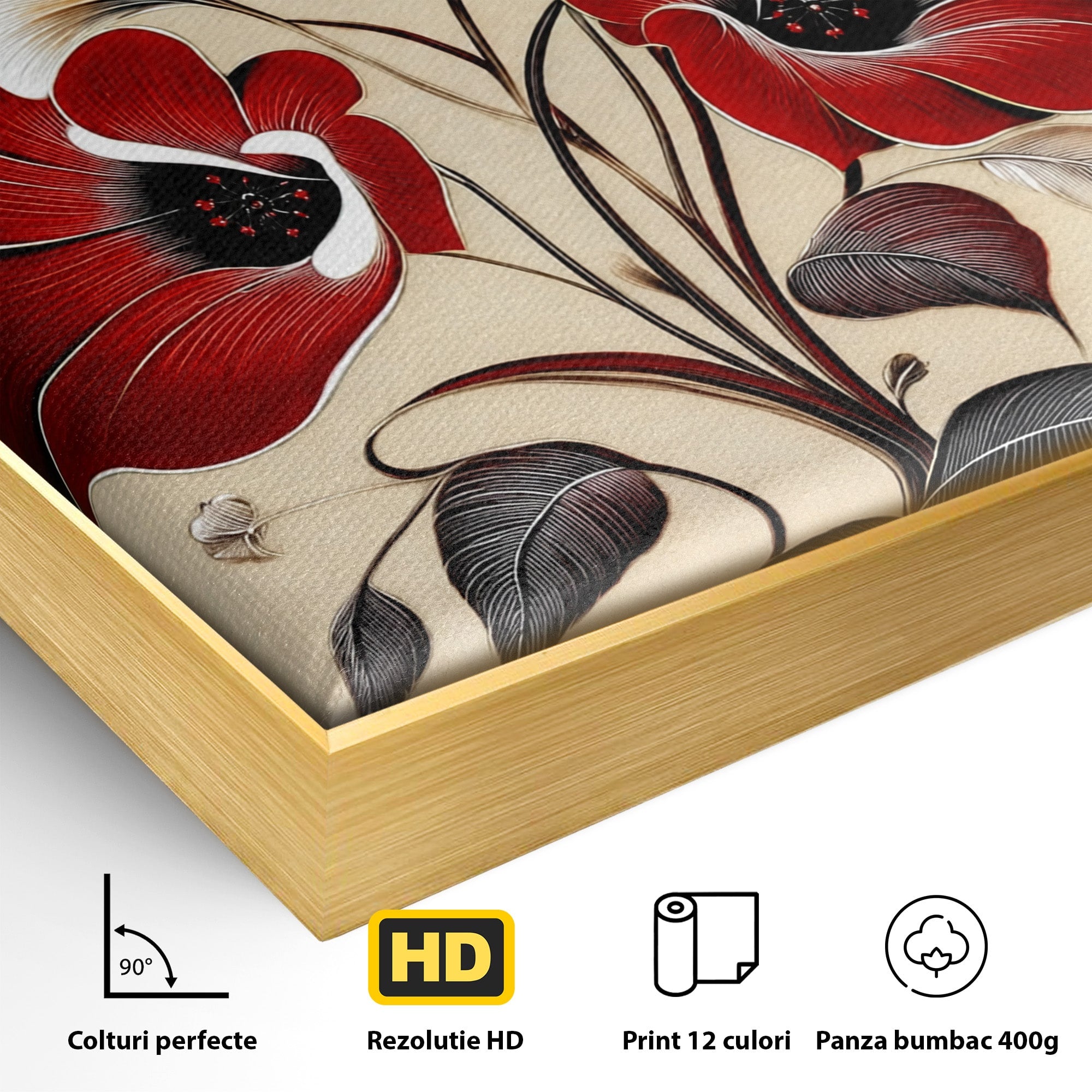 Tablou Canvas Premium LuxCanva® A1844, Flori Rosii Pe Fundal Bej, Flori, Natura, Arta Abstracta, Decor Elegant, Living, Dormitor, Culori Vibrante