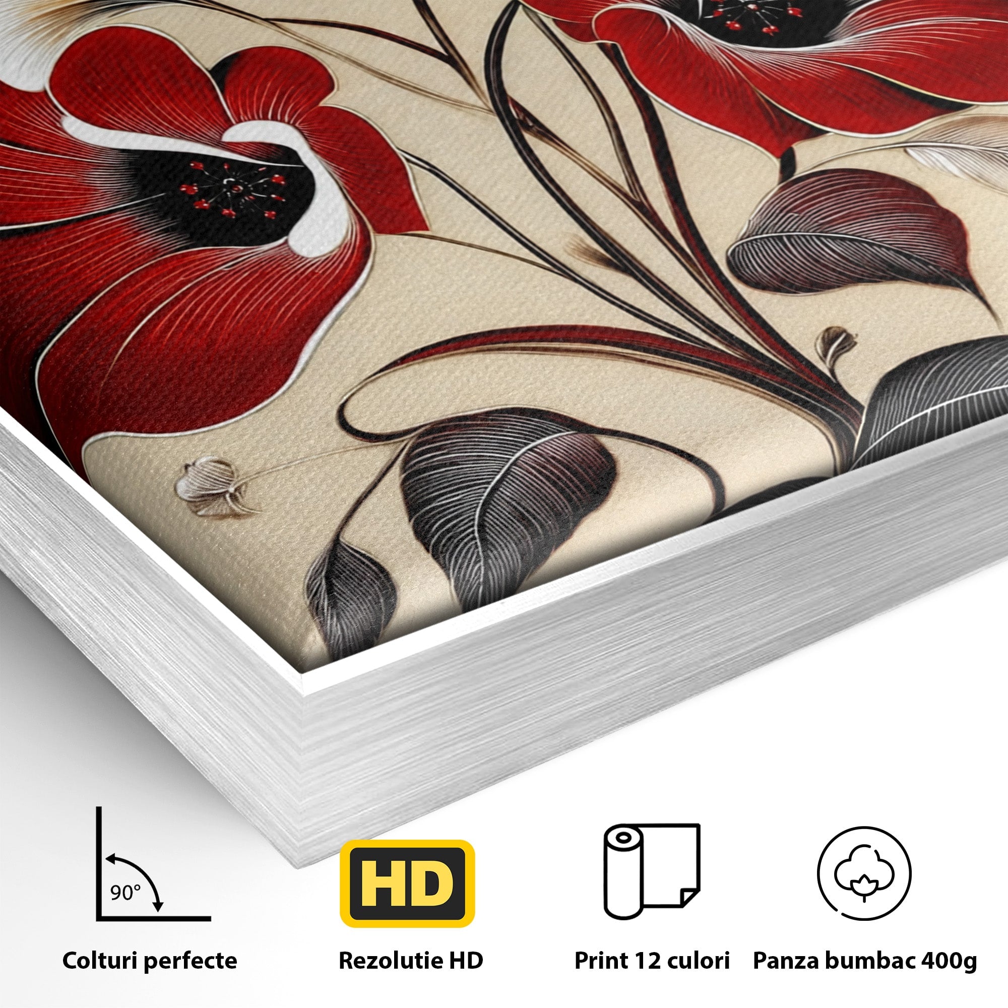 Tablou Canvas Premium LuxCanva® A1844, Flori Rosii Pe Fundal Bej, Flori, Natura, Arta Abstracta, Decor Elegant, Living, Dormitor, Culori Vibrante