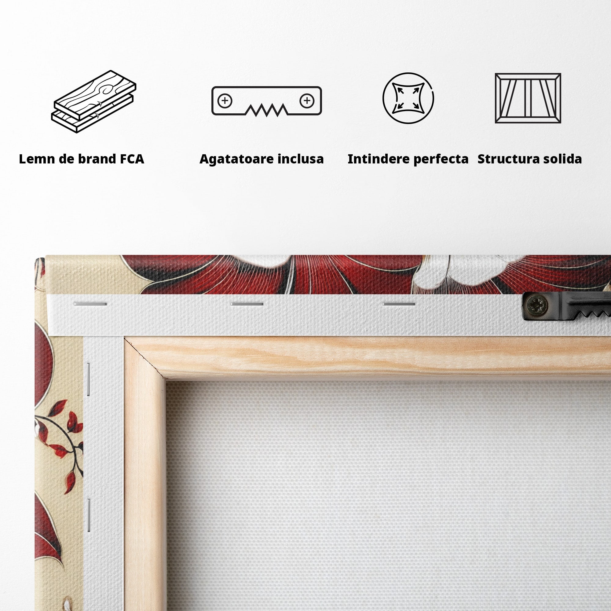 Tablou Canvas Premium LuxCanva® A1844, Flori Rosii Pe Fundal Bej, Flori, Natura, Arta Abstracta, Decor Elegant, Living, Dormitor, Culori Vibrante