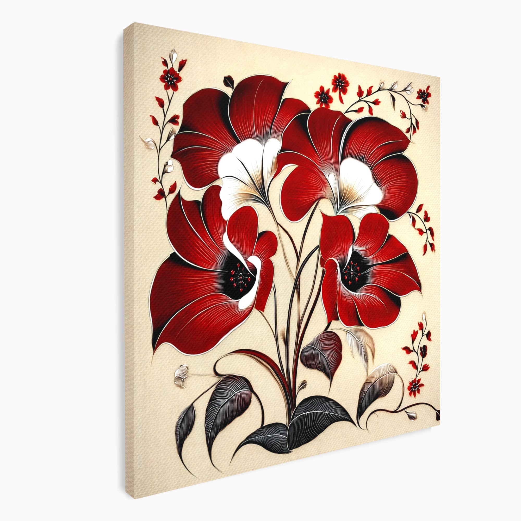 Tablou Canvas Premium LuxCanva® A1844, Flori Rosii Pe Fundal Bej, Flori, Natura, Arta Abstracta, Decor Elegant, Living, Dormitor, Culori Vibrante