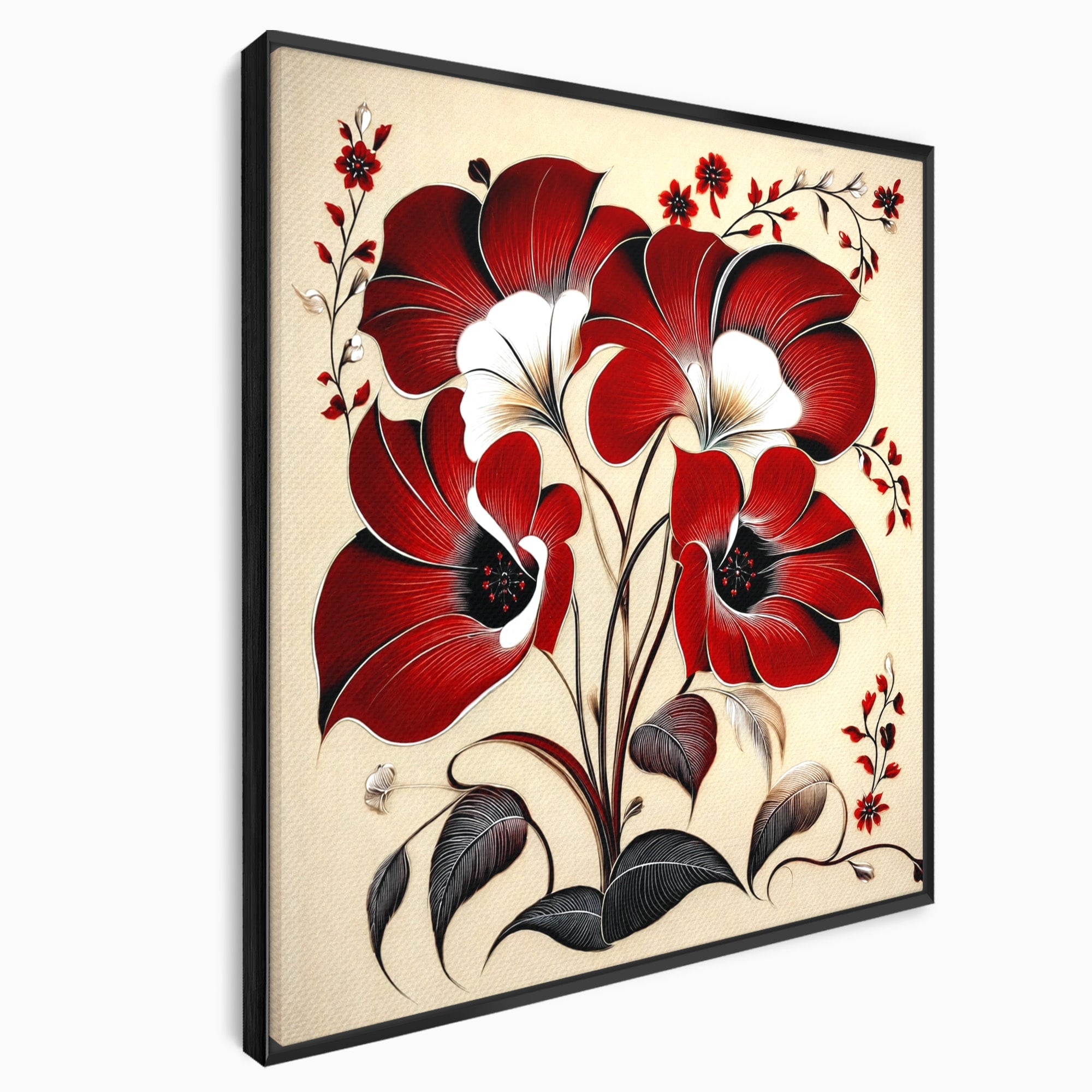 Tablou Canvas Premium LuxCanva® A1844, Flori Rosii Pe Fundal Bej, Flori, Natura, Arta Abstracta, Decor Elegant, Living, Dormitor, Culori Vibrante