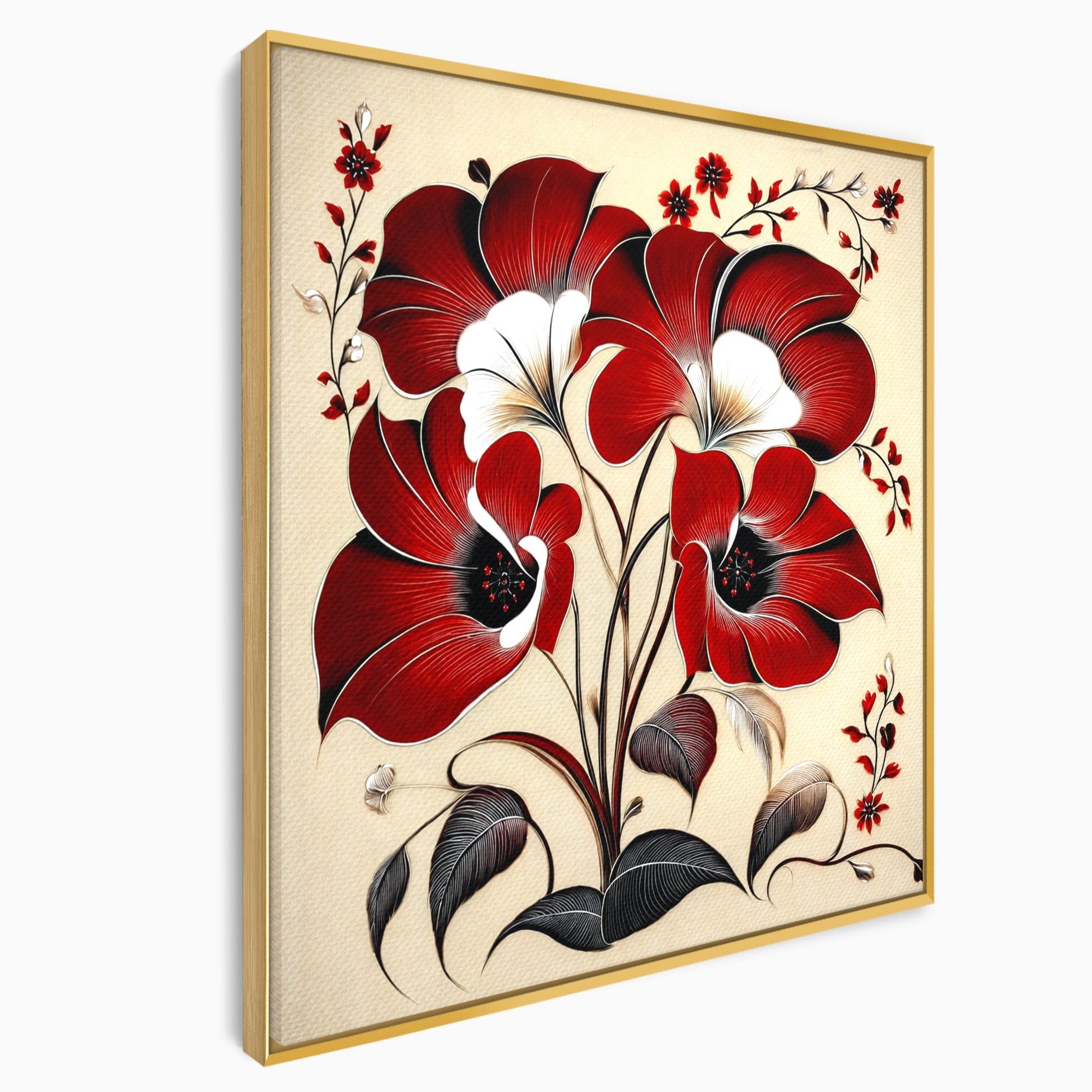 Tablou Canvas Premium LuxCanva® A1844, Flori Rosii Pe Fundal Bej, Flori, Natura, Arta Abstracta, Decor Elegant, Living, Dormitor, Culori Vibrante