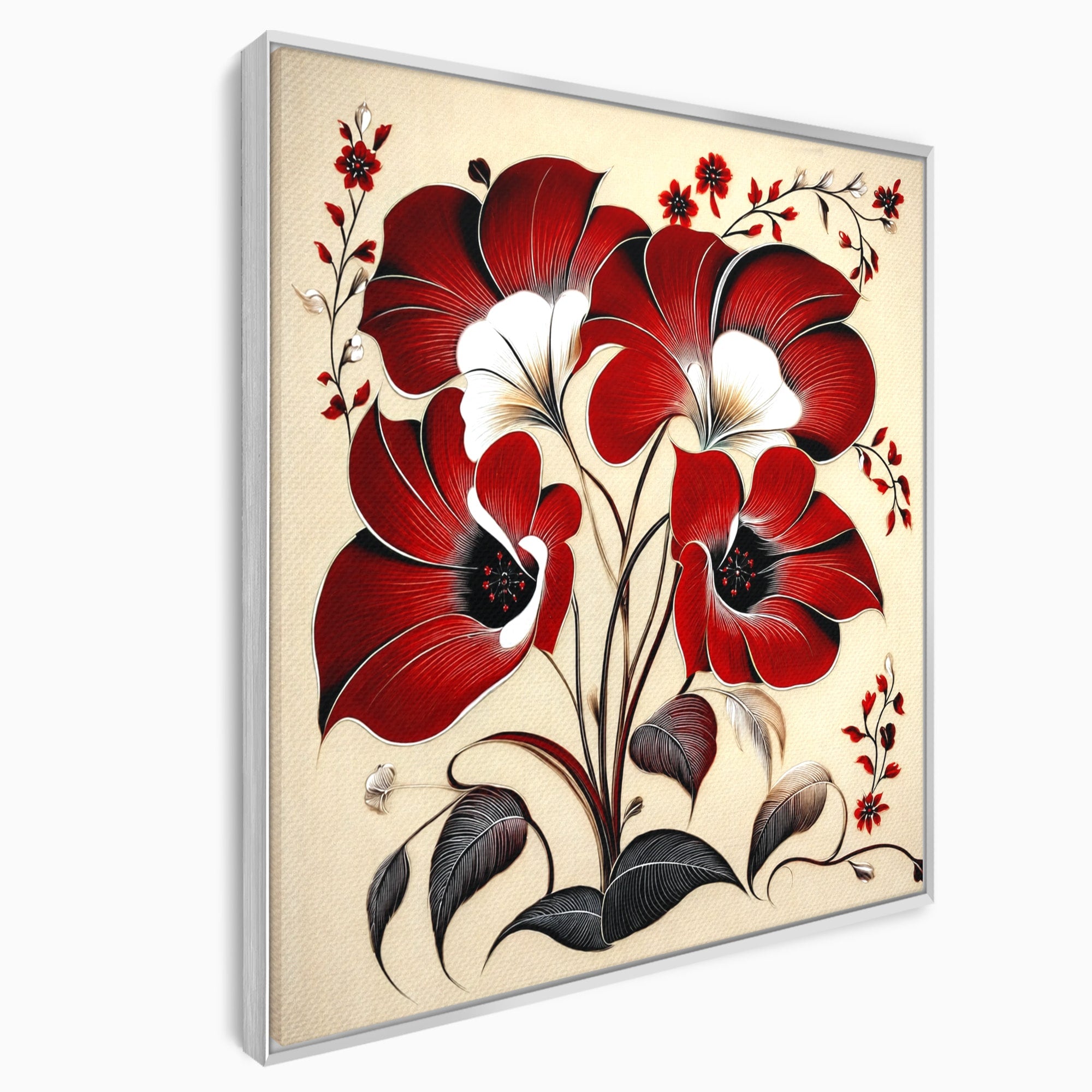Tablou Canvas Premium LuxCanva® A1844, Flori Rosii Pe Fundal Bej, Flori, Natura, Arta Abstracta, Decor Elegant, Living, Dormitor, Culori Vibrante
