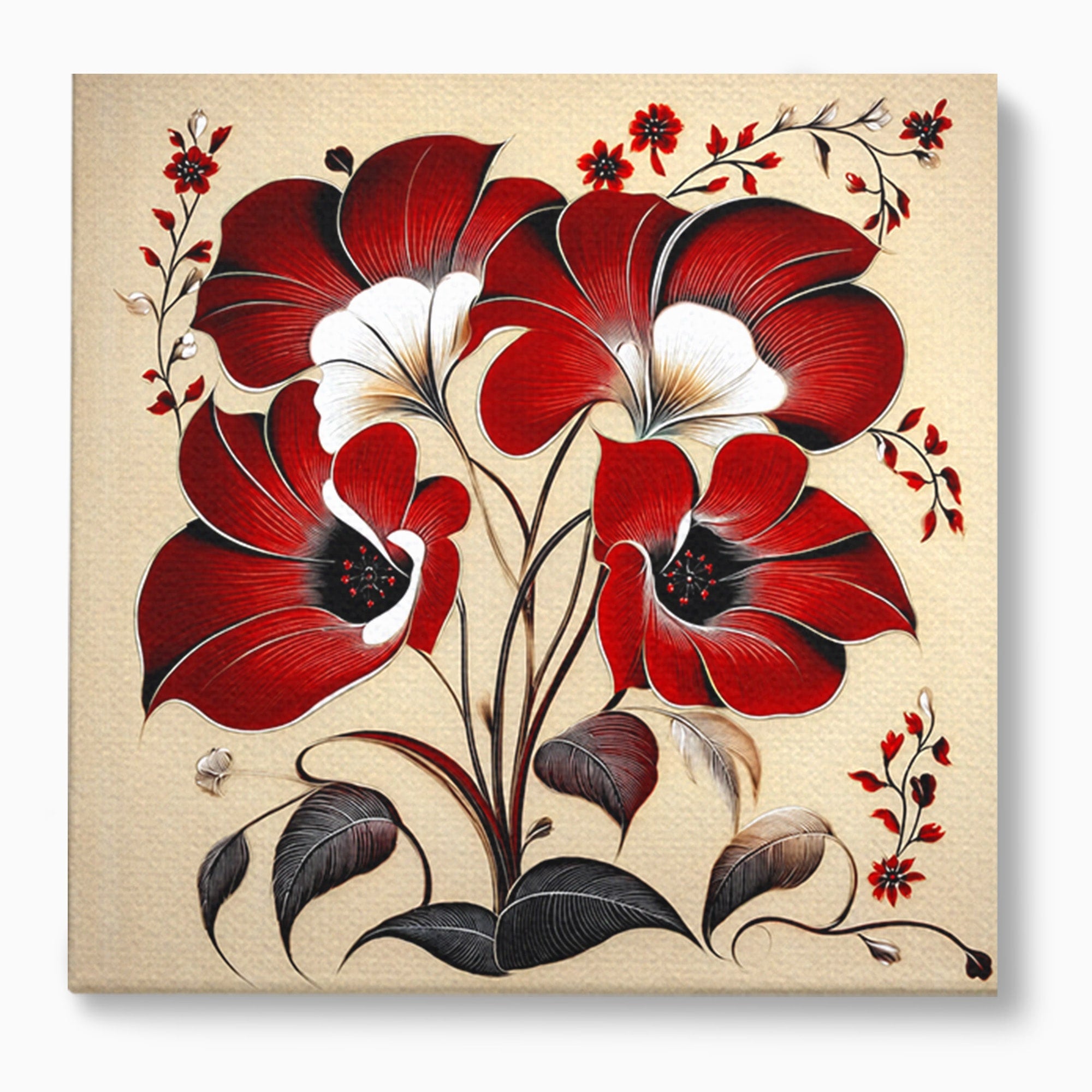 Tablou Canvas Premium LuxCanva® A1844, Flori Rosii Pe Fundal Bej, Flori, Natura, Arta Abstracta, Decor Elegant, Living, Dormitor, Culori Vibrante