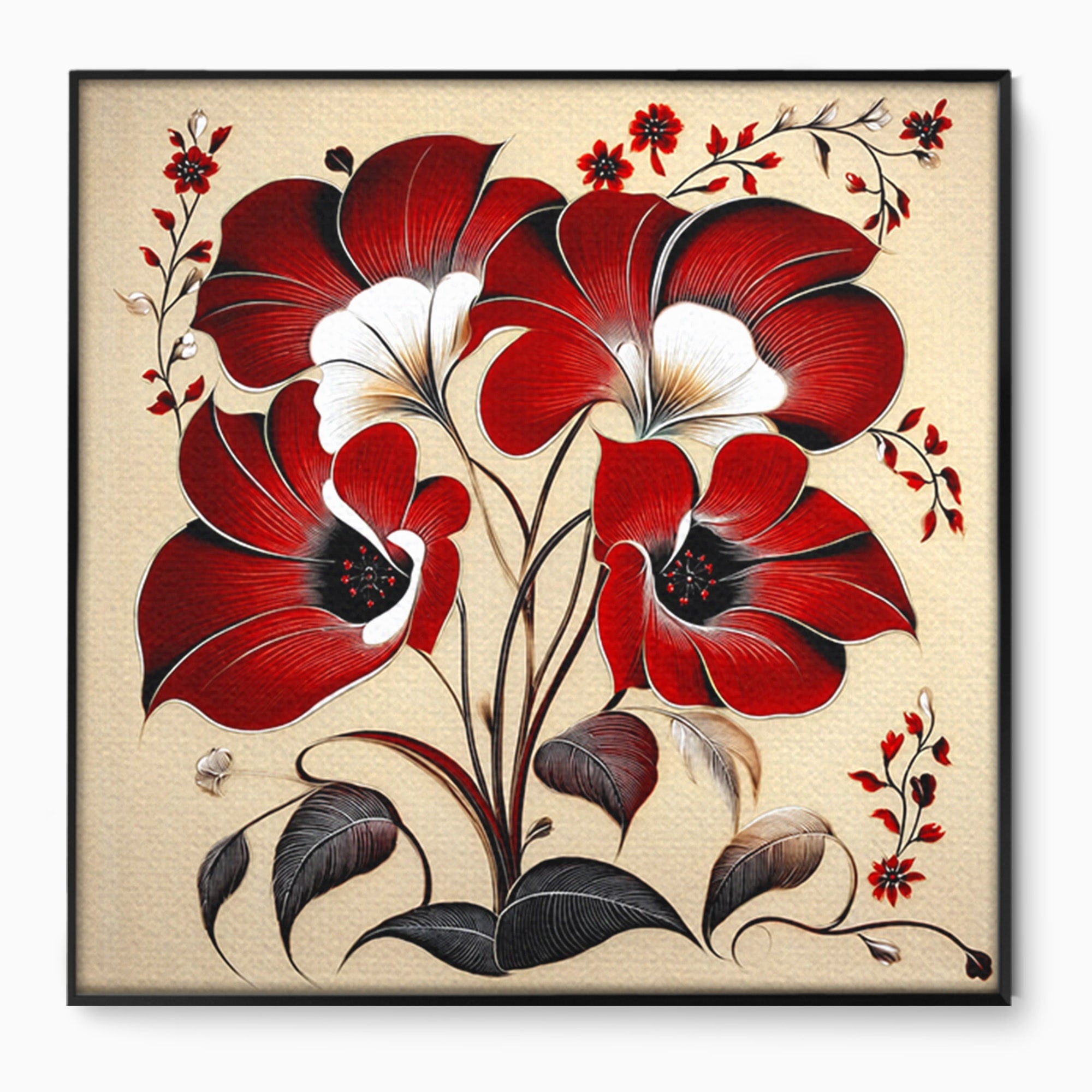Tablou Canvas Premium LuxCanva® A1844, Flori Rosii Pe Fundal Bej, Flori, Natura, Arta Abstracta, Decor Elegant, Living, Dormitor, Culori Vibrante