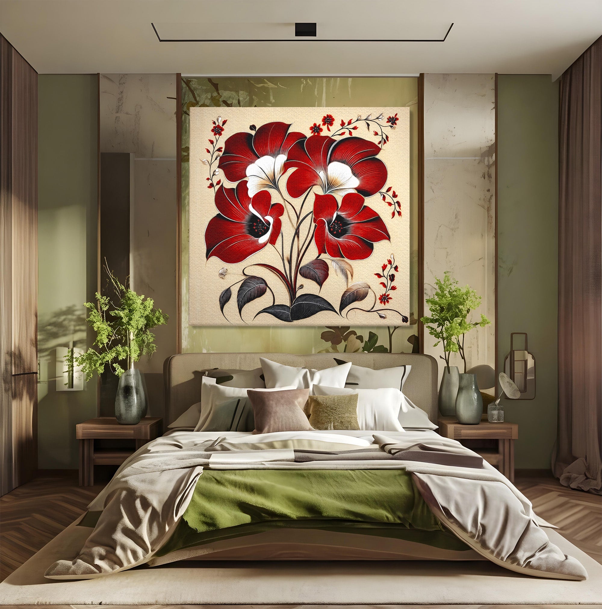 Tablou Canvas Premium LuxCanva® A1844, Flori Rosii Pe Fundal Bej, Flori, Natura, Arta Abstracta, Decor Elegant, Living, Dormitor, Culori Vibrante