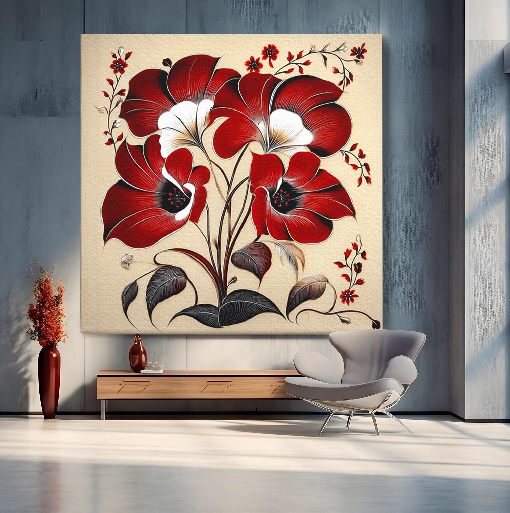 Tablou Canvas Premium LuxCanva® A1844, Flori Rosii Pe Fundal Bej, Flori, Natura, Arta Abstracta, Decor Elegant, Living, Dormitor, Culori Vibrante