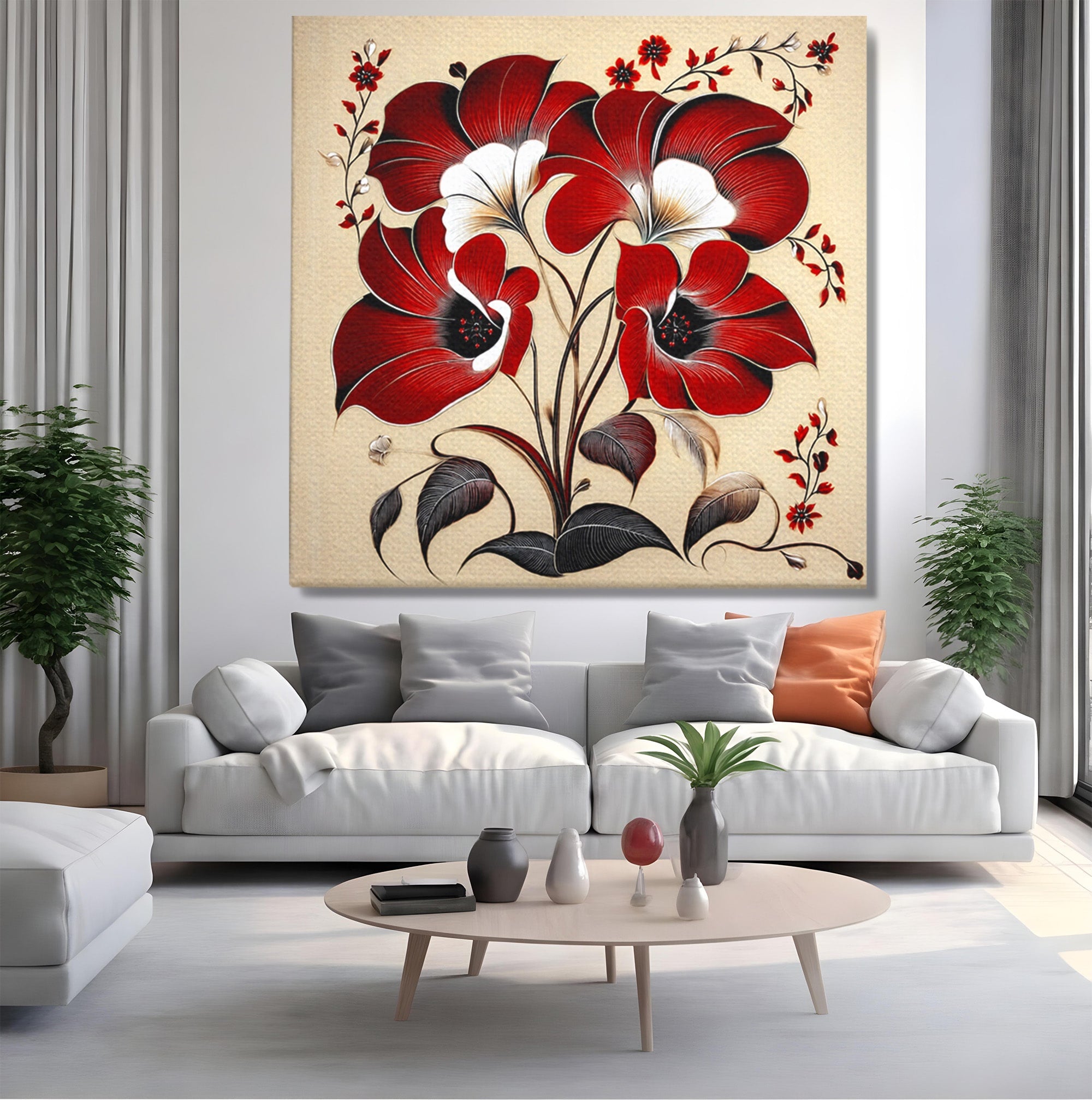 Tablou Canvas Premium LuxCanva® A1844, Flori Rosii Pe Fundal Bej, Flori, Natura, Arta Abstracta, Decor Elegant, Living, Dormitor, Culori Vibrante