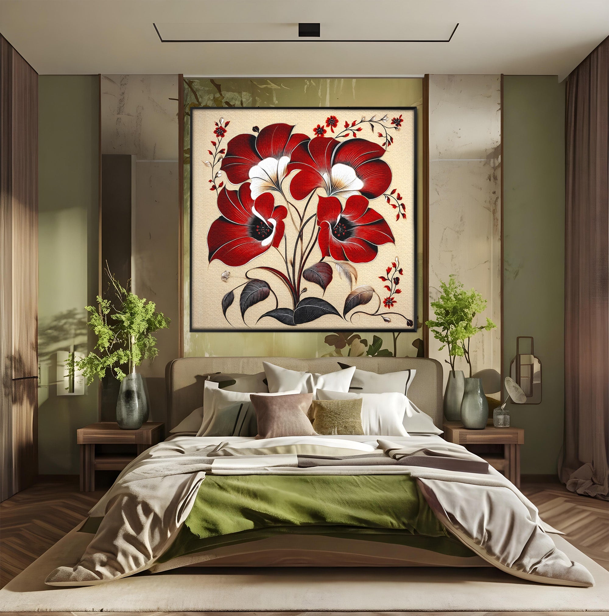 Tablou Canvas Premium LuxCanva® A1844, Flori Rosii Pe Fundal Bej, Flori, Natura, Arta Abstracta, Decor Elegant, Living, Dormitor, Culori Vibrante