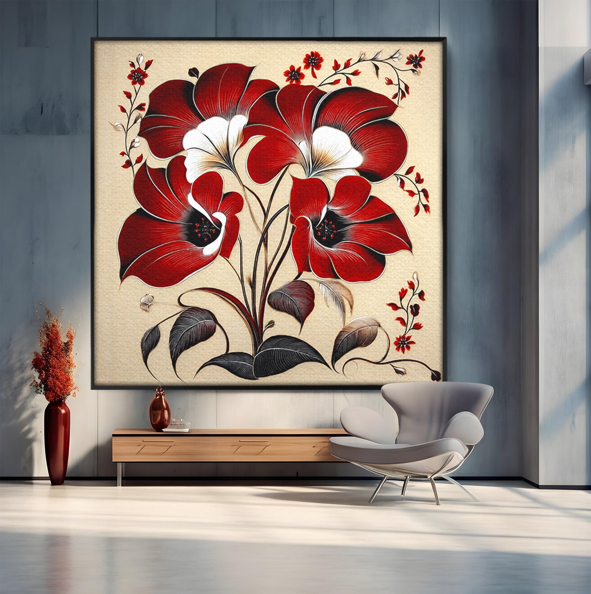 Tablou Canvas Premium LuxCanva® A1844, Flori Rosii Pe Fundal Bej, Flori, Natura, Arta Abstracta, Decor Elegant, Living, Dormitor, Culori Vibrante