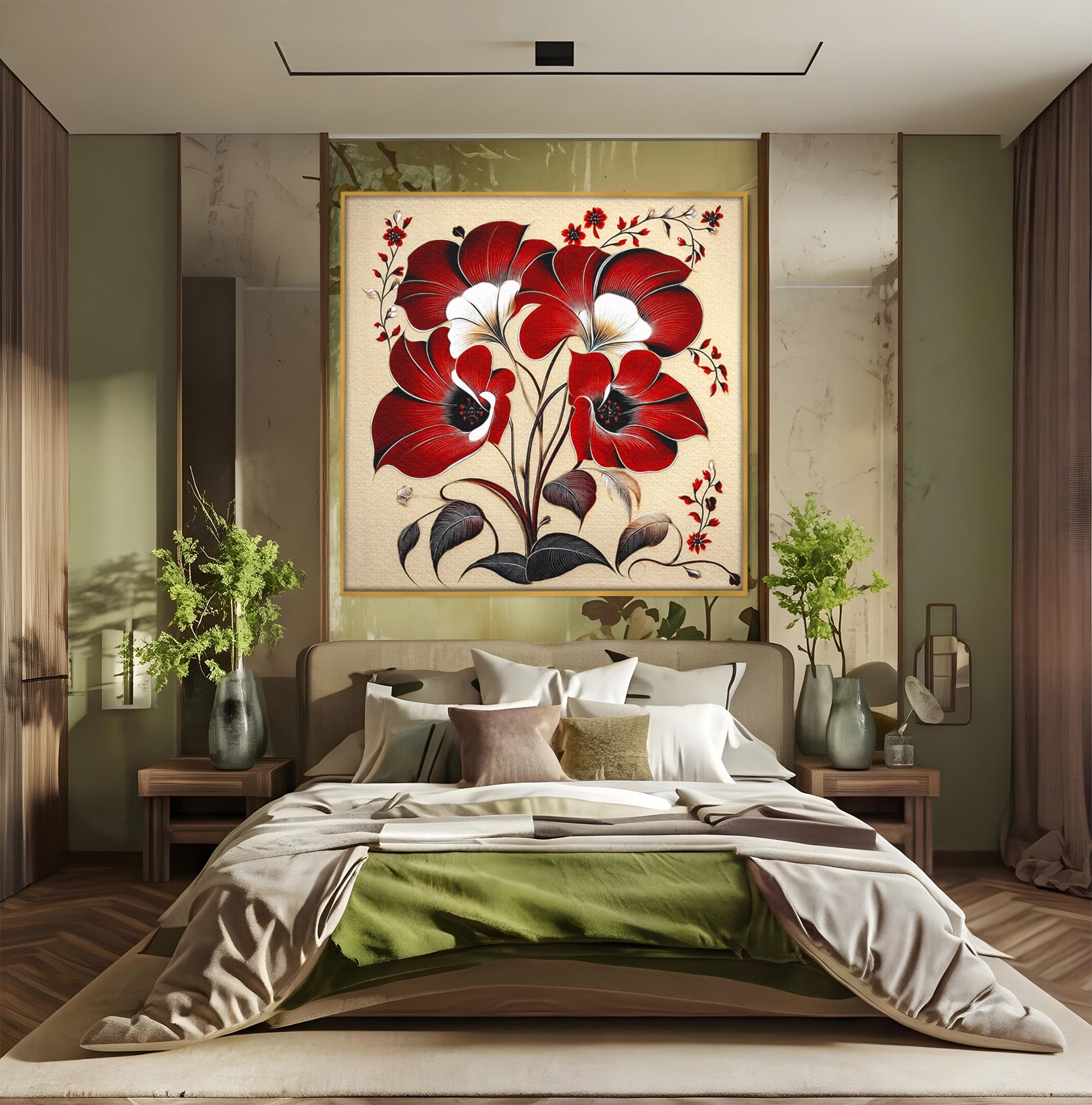 Tablou Canvas Premium LuxCanva® A1844, Flori Rosii Pe Fundal Bej, Flori, Natura, Arta Abstracta, Decor Elegant, Living, Dormitor, Culori Vibrante