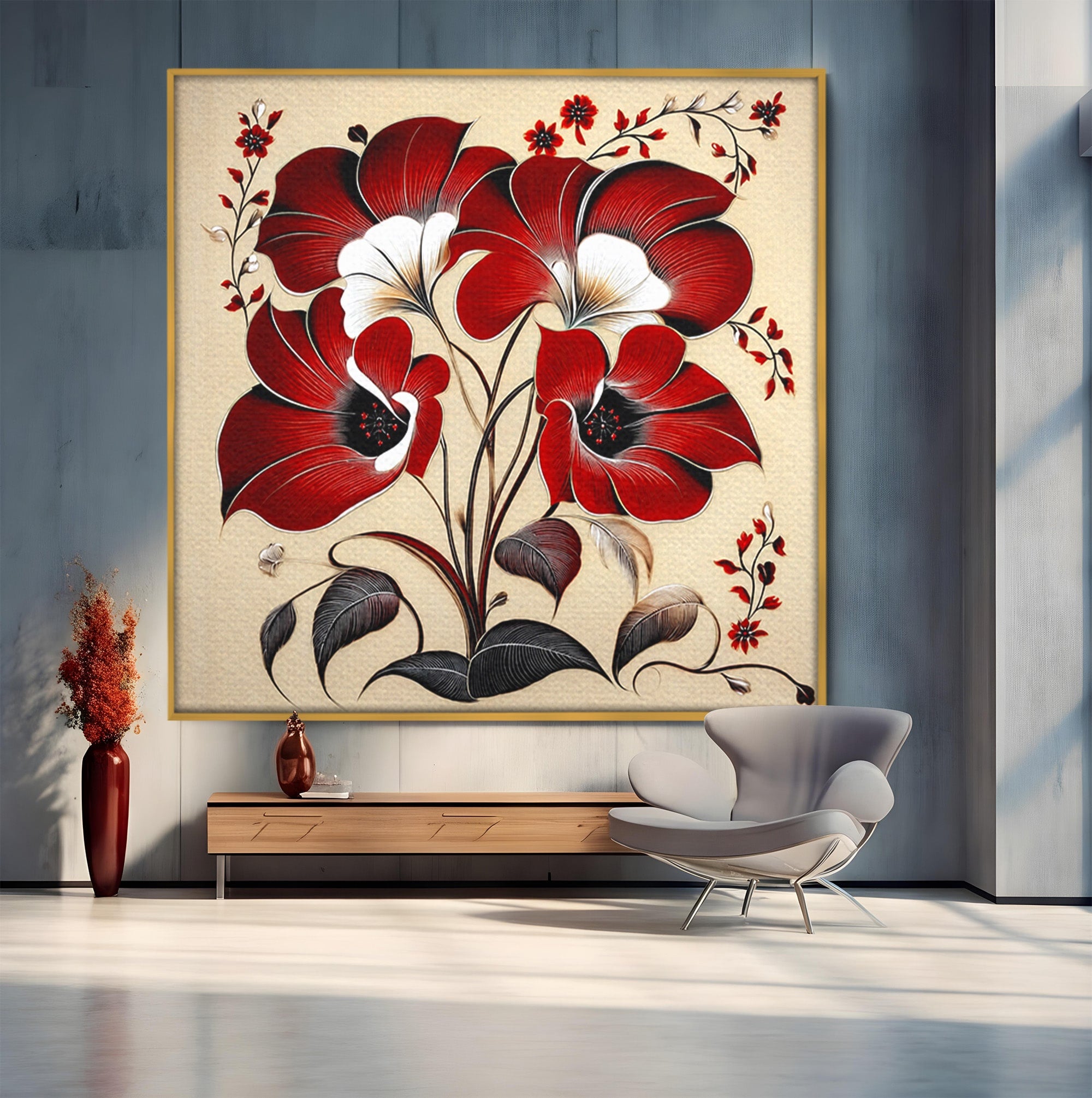 Tablou Canvas Premium LuxCanva® A1844, Flori Rosii Pe Fundal Bej, Flori, Natura, Arta Abstracta, Decor Elegant, Living, Dormitor, Culori Vibrante