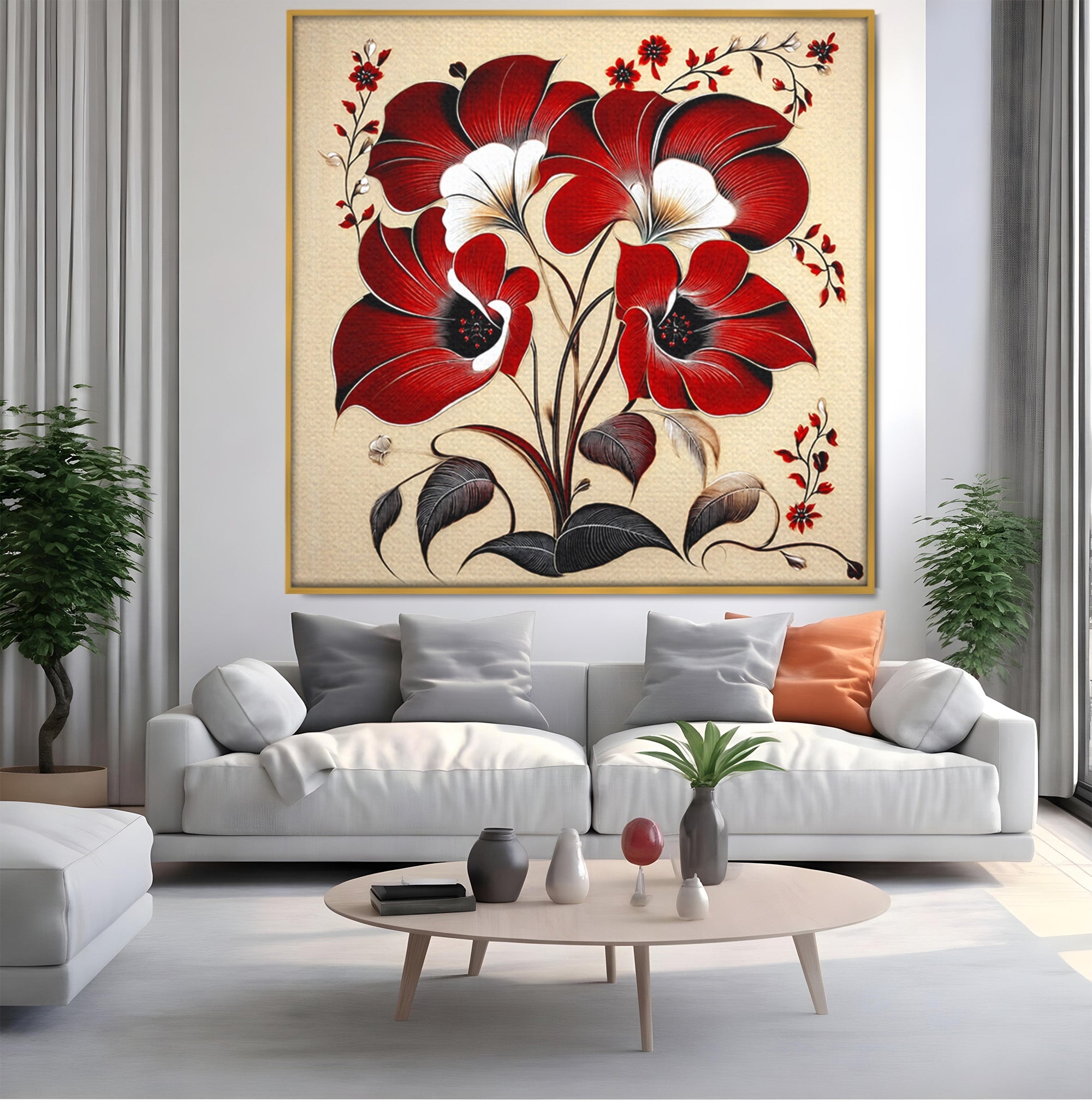 Tablou Canvas Premium LuxCanva® A1844, Flori Rosii Pe Fundal Bej, Flori, Natura, Arta Abstracta, Decor Elegant, Living, Dormitor, Culori Vibrante