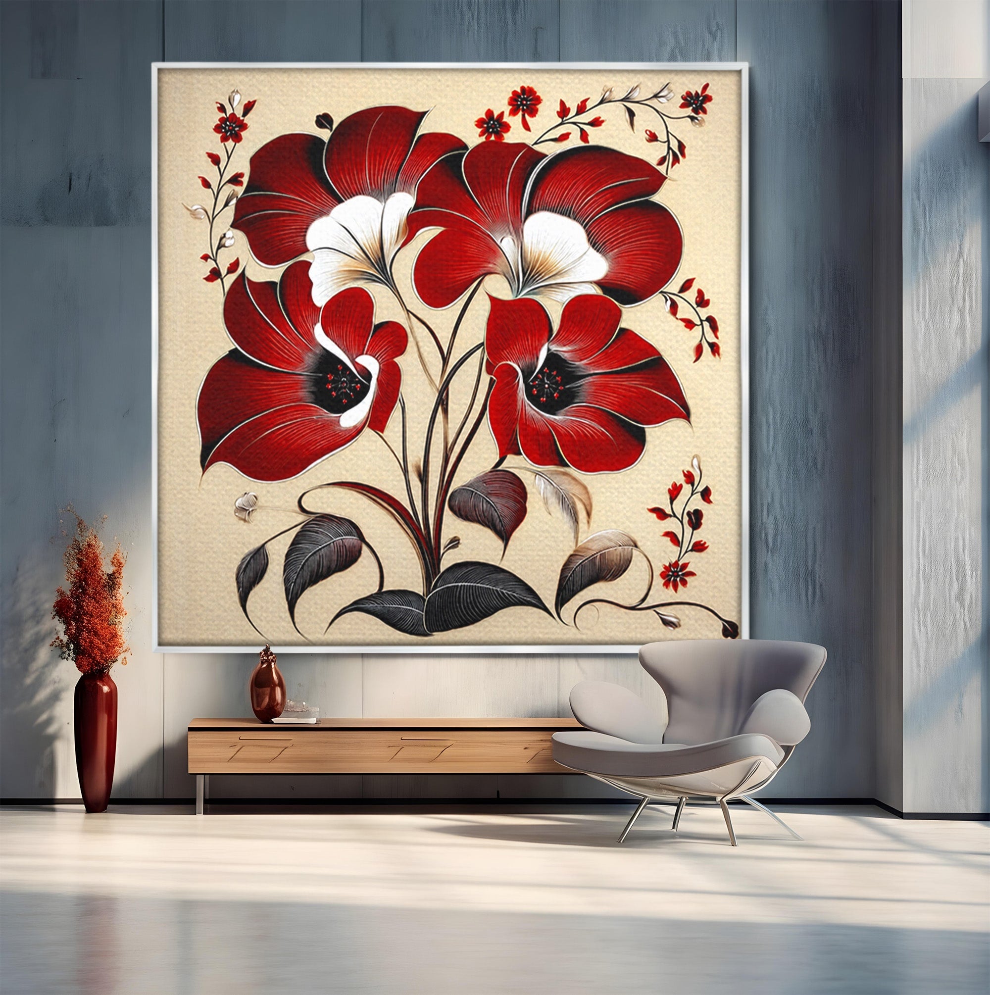 Tablou Canvas Premium LuxCanva® A1844, Flori Rosii Pe Fundal Bej, Flori, Natura, Arta Abstracta, Decor Elegant, Living, Dormitor, Culori Vibrante
